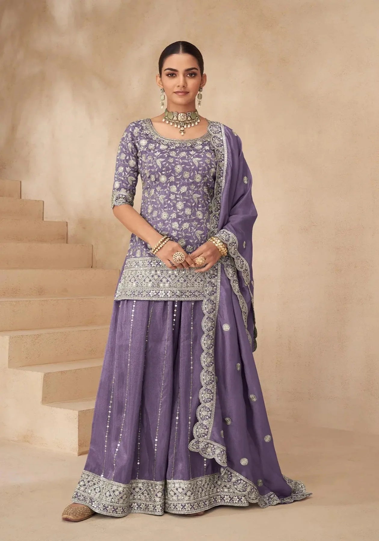 Dusty Purple Shimmer Silk Embroidery Work Palazzo Suit - qivii