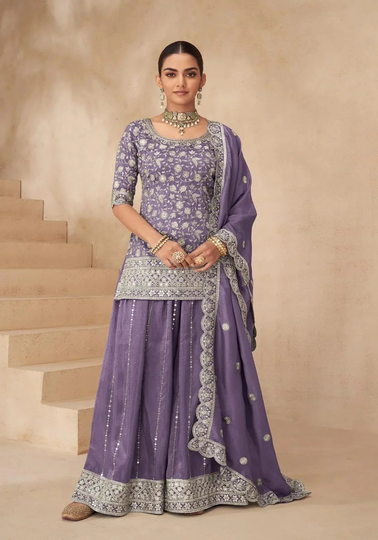 Dusty Purple Shimmer Silk Embroidery Work Palazzo Suit - qivii