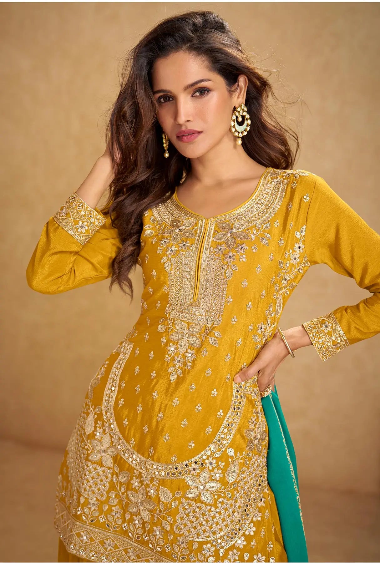 Yellow Chinon Silk Palazzo Suit With Mirror & Embroidery Work - qivii