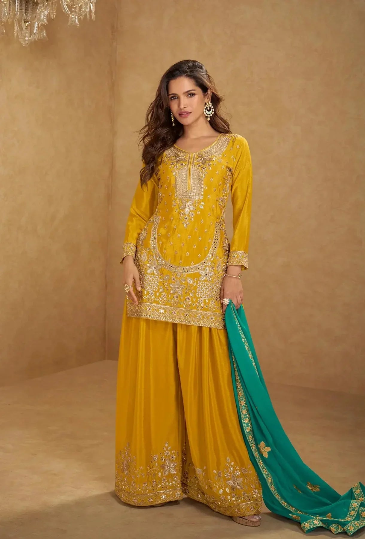 Yellow Chinon Silk Palazzo Suit With Mirror & Embroidery Work - qivii