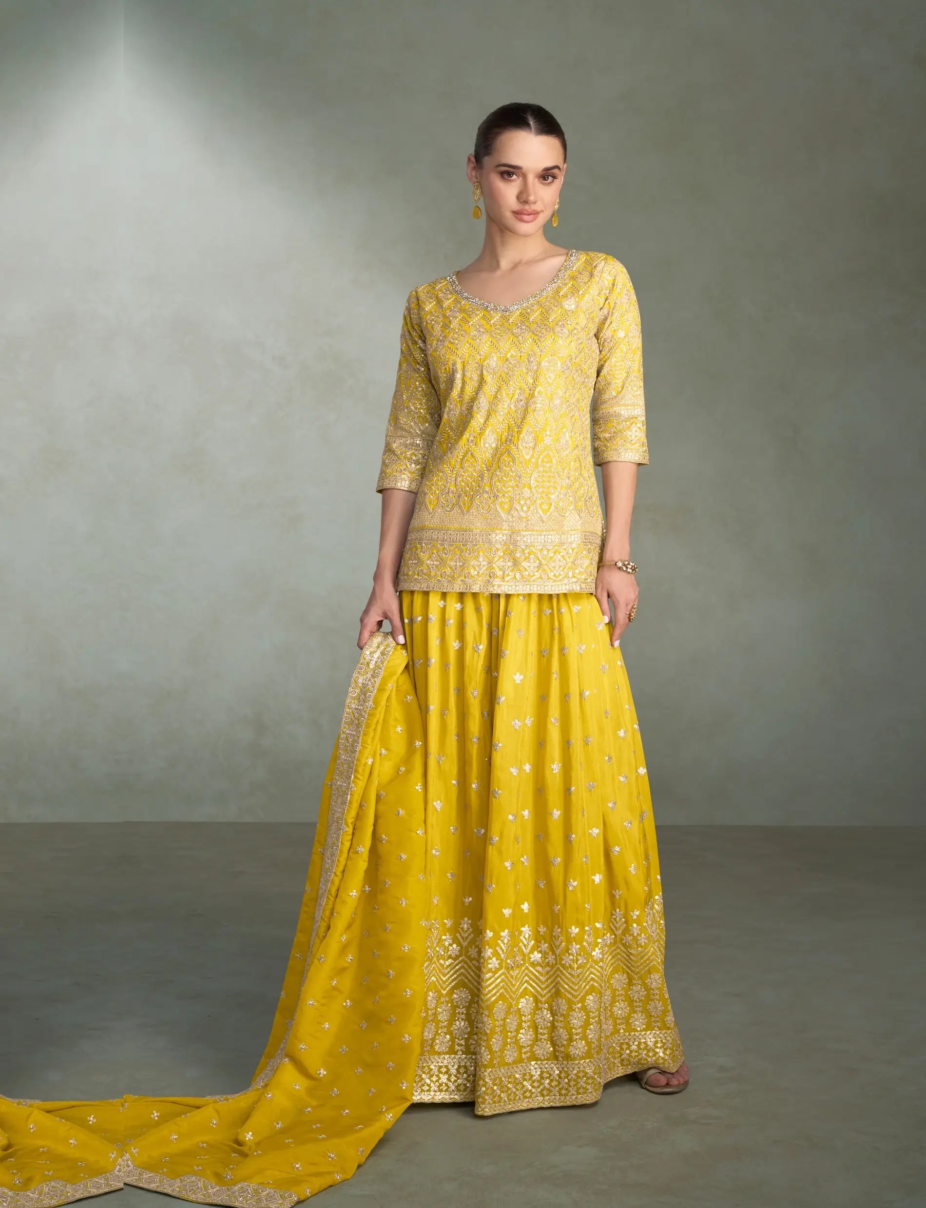 Bright Yellow Shimmer Silk Embroidery Palazzo Suit - qivii