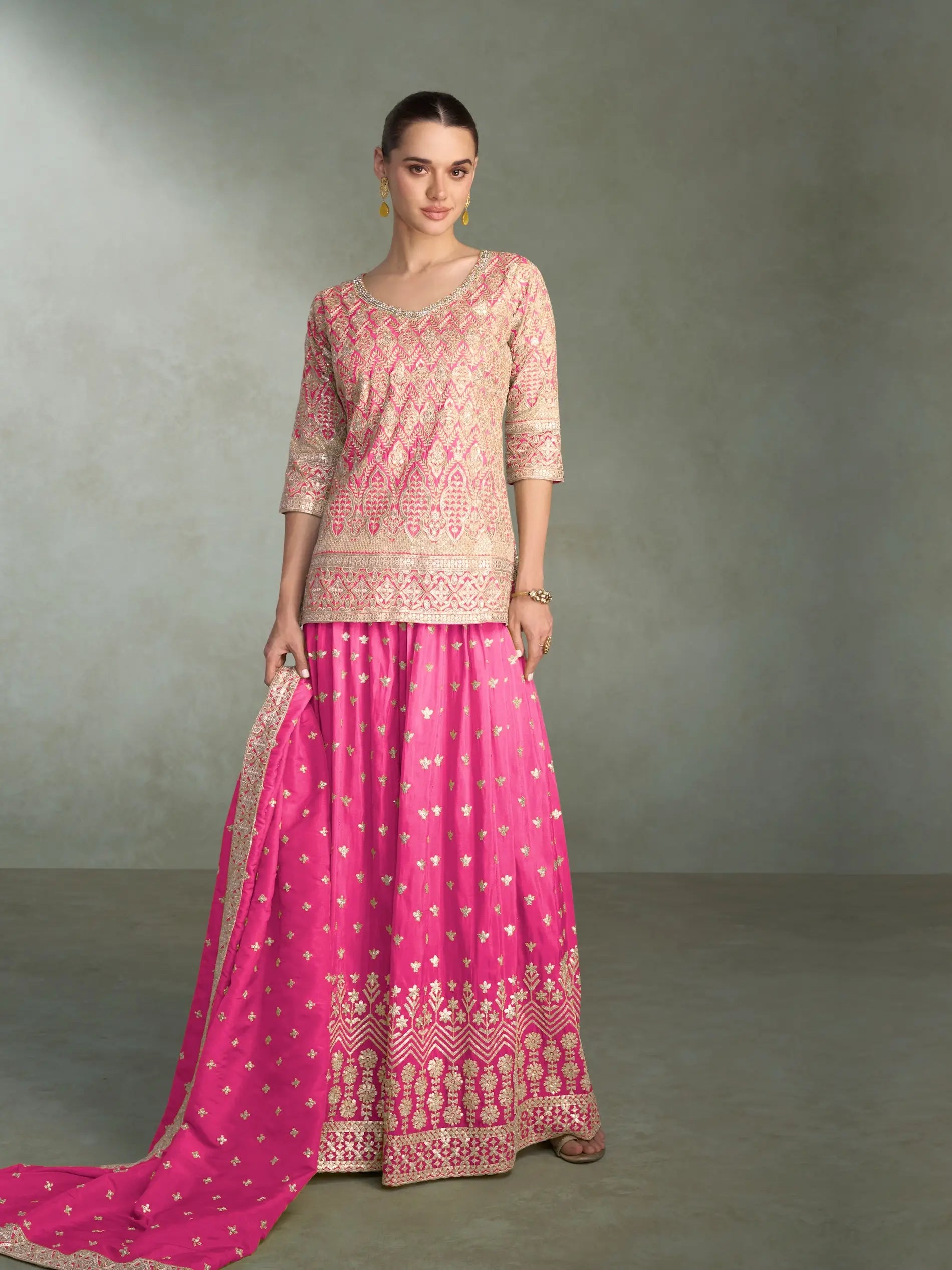 Hot Pink Shimmer Silk Embroidery Palazzo Suit - qivii