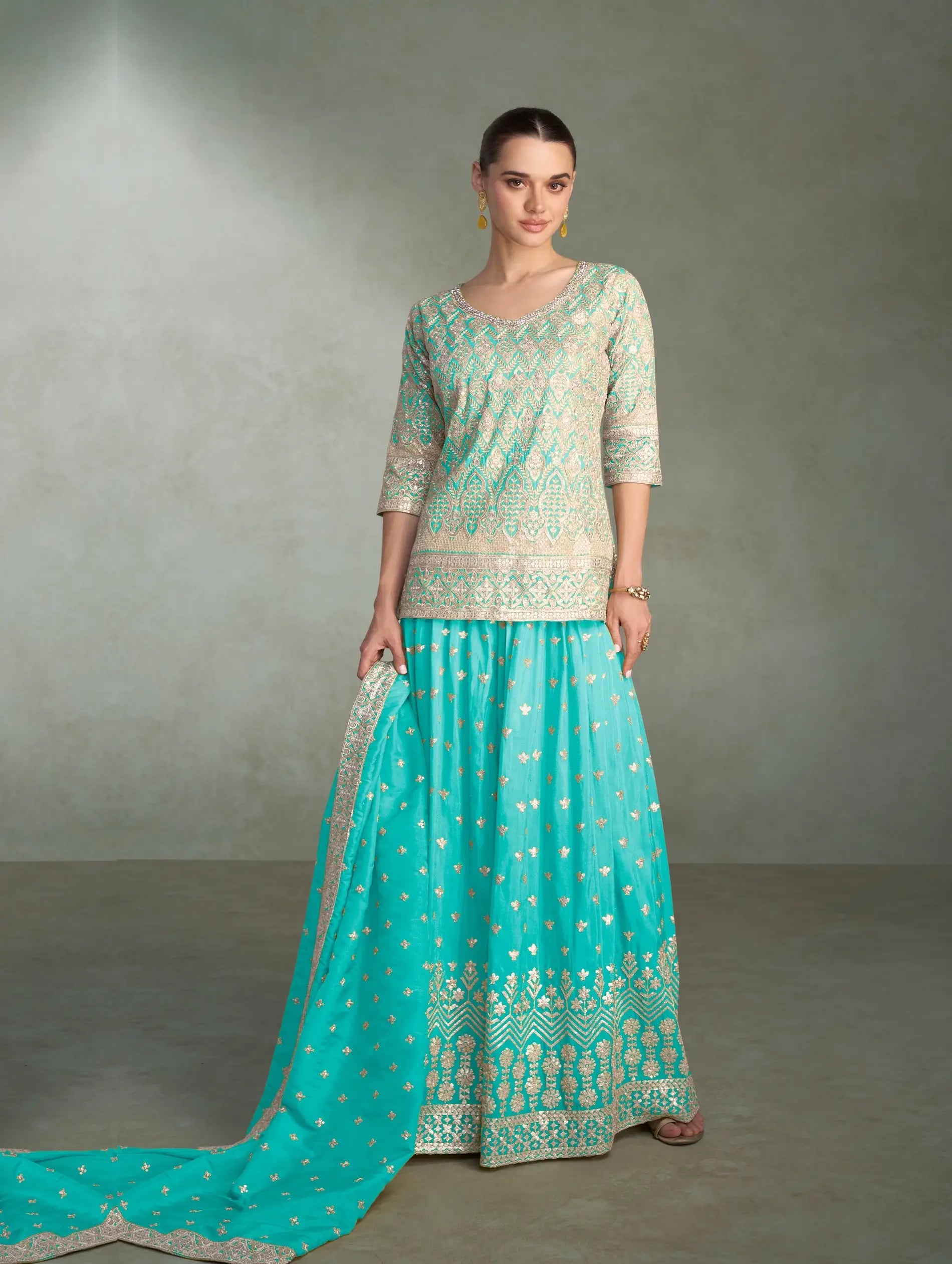 Turquoise Blue Shimmer Silk Embroidery Palazzo Suit - qivii