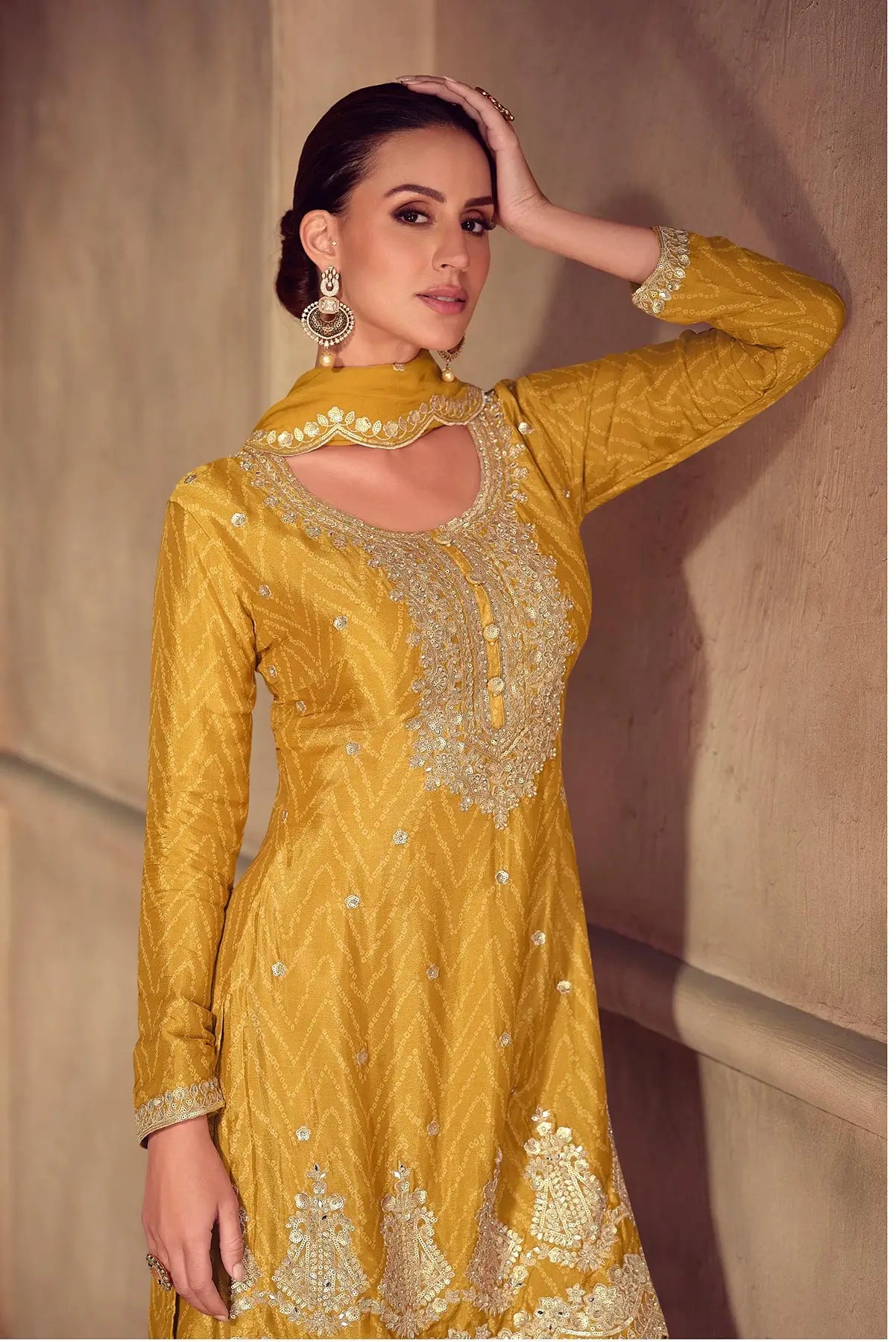 Yellow Chinon Silk Print & Embroidery Work Palazzo Suit - qivii