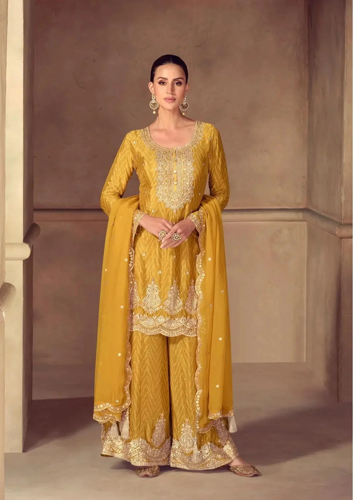 Yellow Chinon Silk Print & Embroidery Work Palazzo Suit - qivii