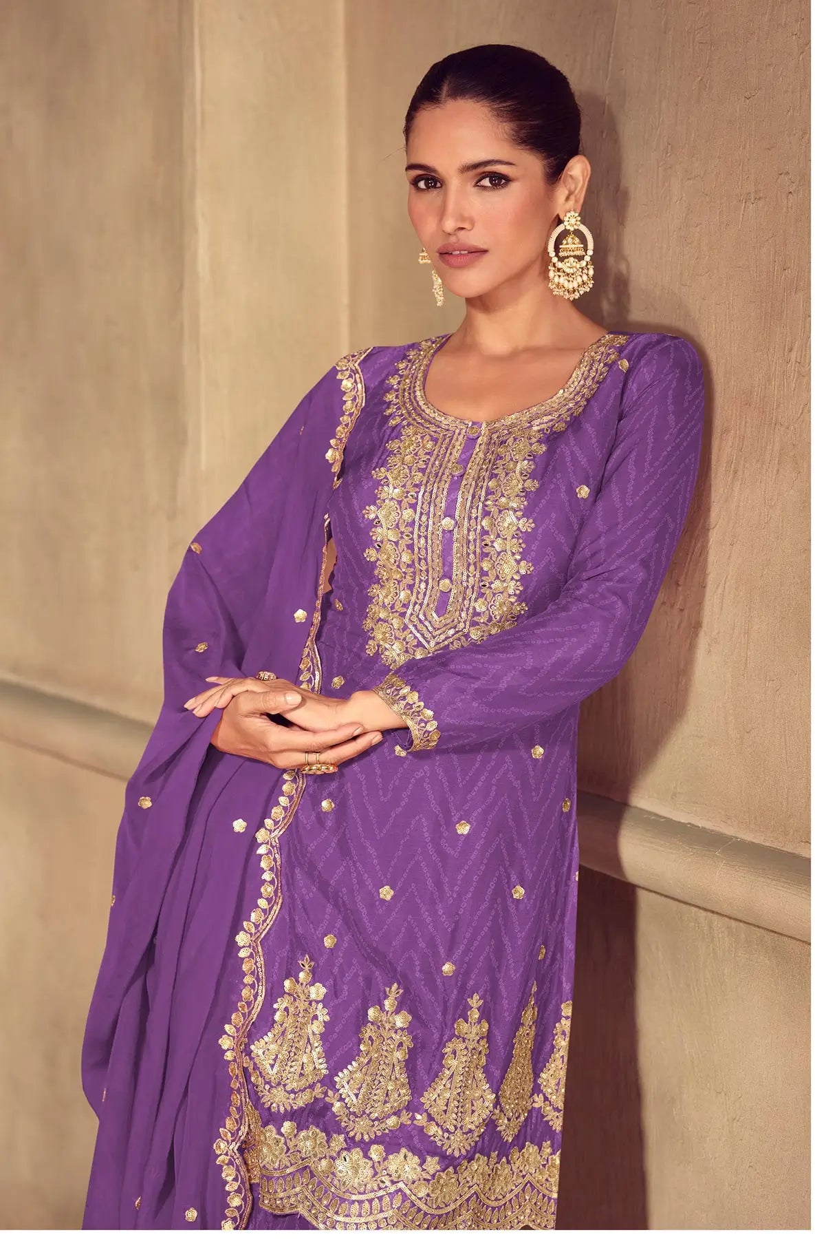 Purple Chinon Silk Print & Embroidery Work Palazzo Suit - qivii