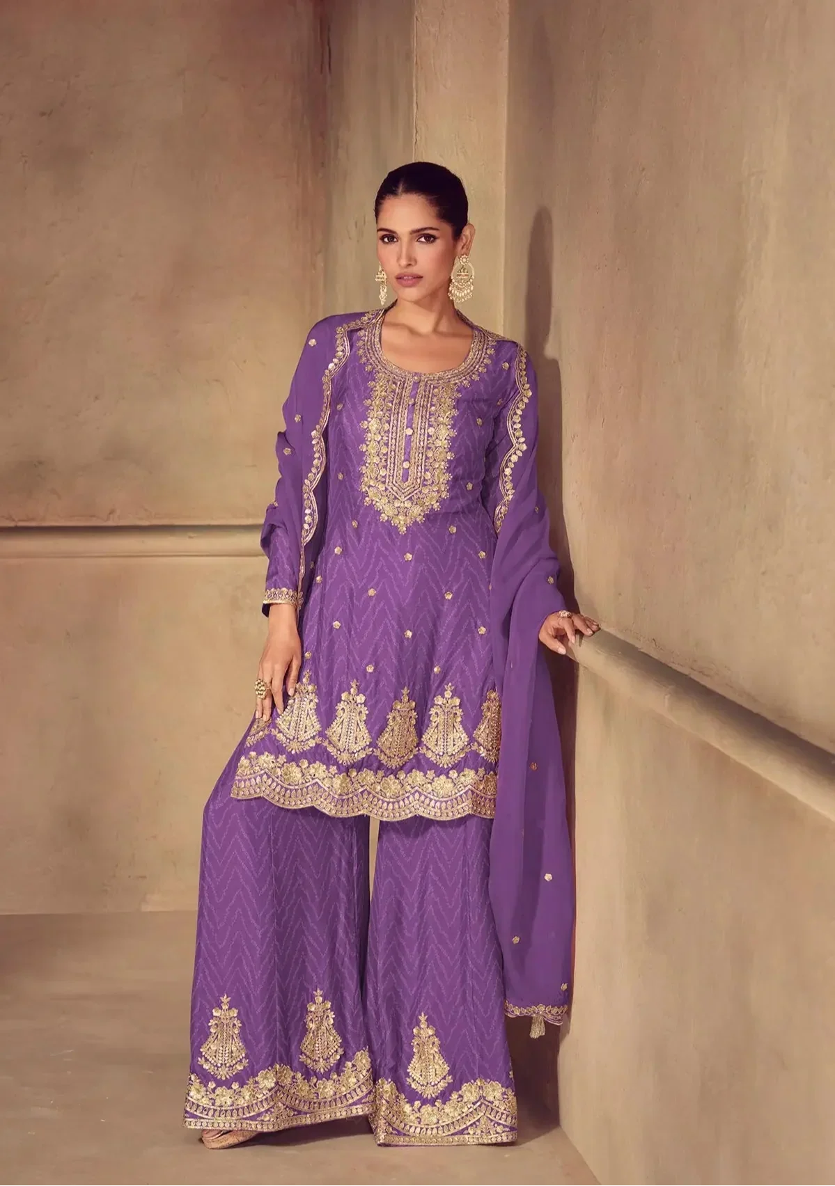 Purple Chinon Silk Print & Embroidery Work Palazzo Suit - qivii