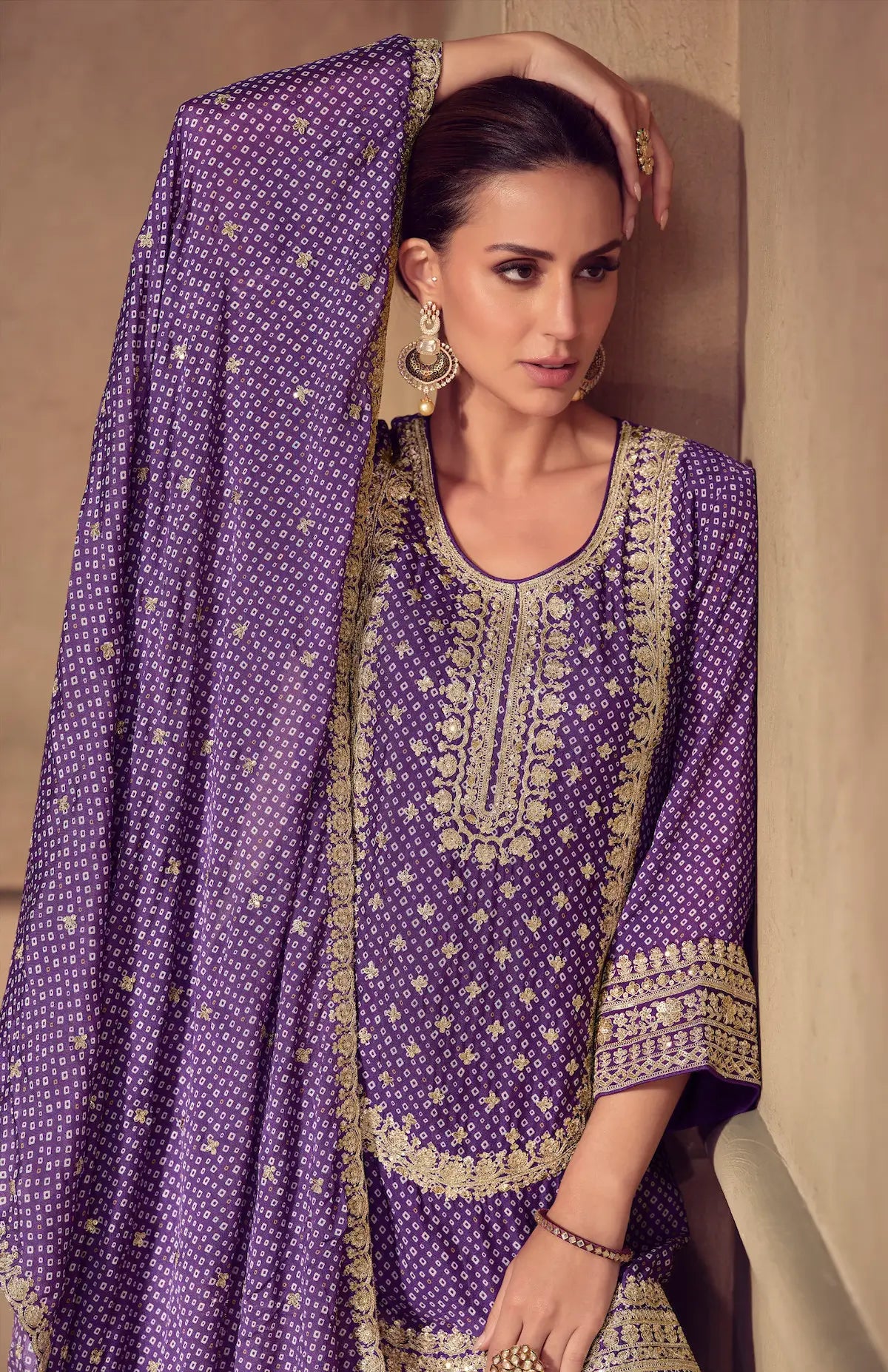 Plum Purple Chinon Silk Print & Embroidery Work Sharara Suit - qivii