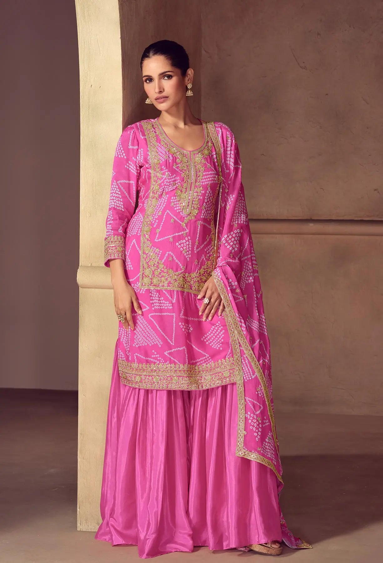 Hot Pink Chinon Silk Print & Embroidery Work Sharara Suit - qivii