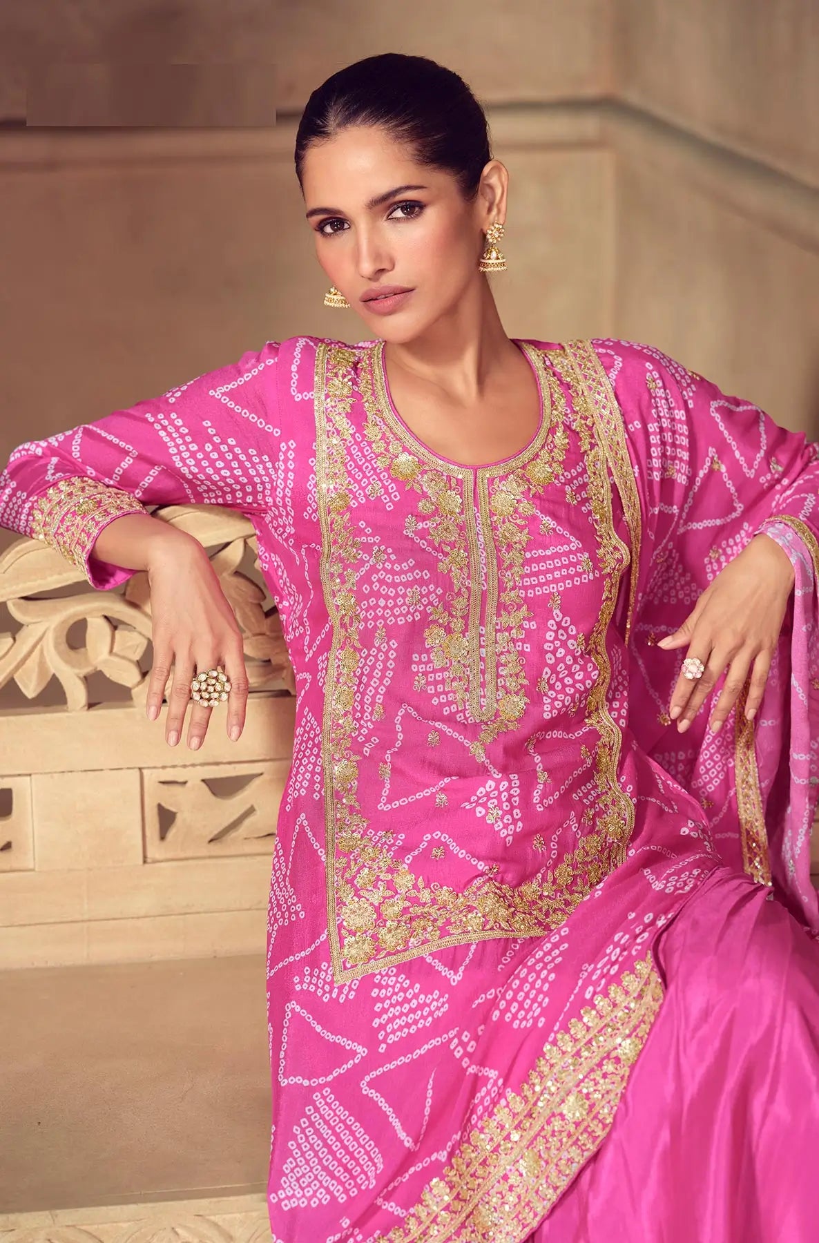Hot Pink Chinon Silk Print & Embroidery Work Sharara Suit - qivii