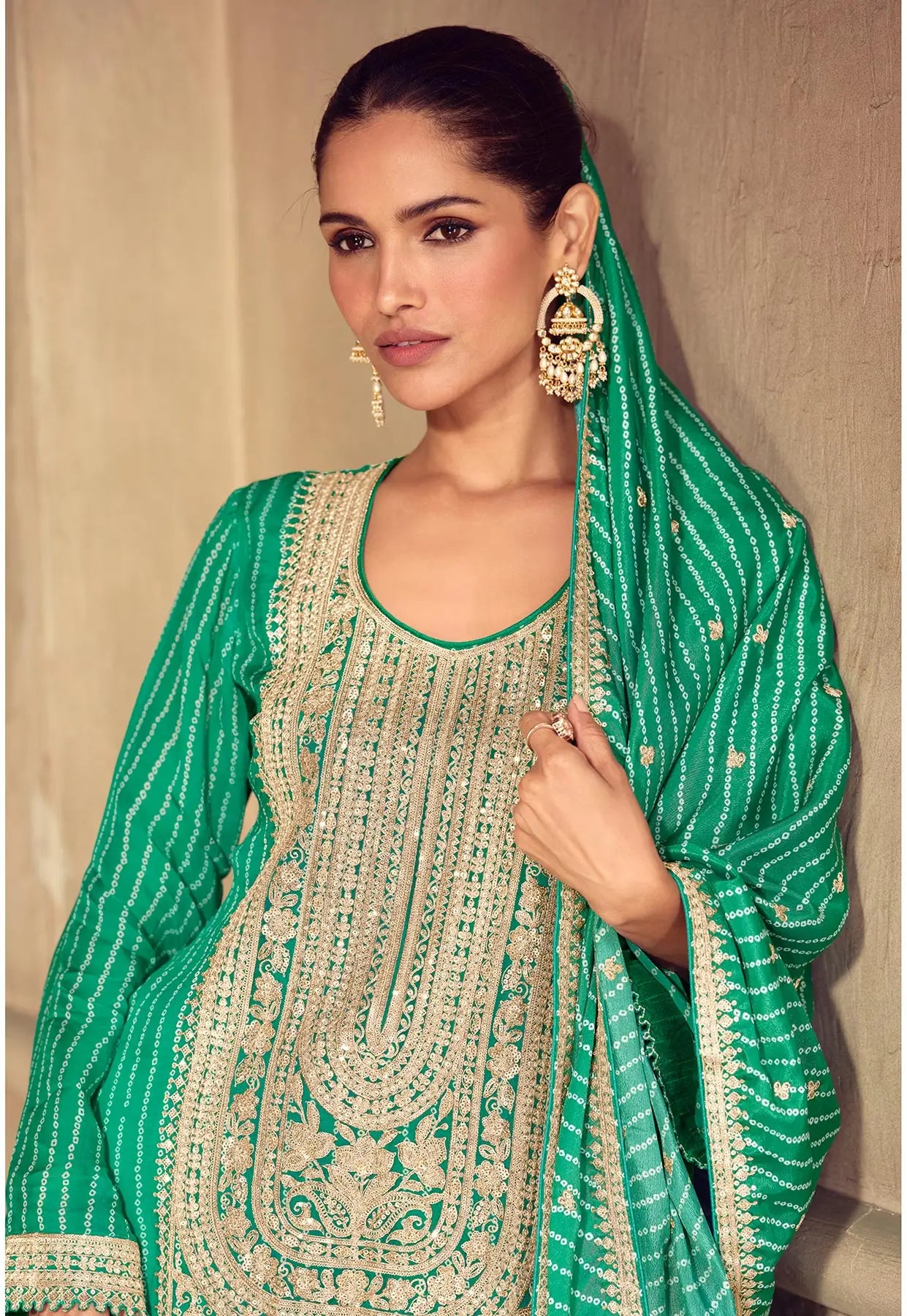 Pine Green Chinon Silk Print & Embroidery Work Sharara Suit - qivii