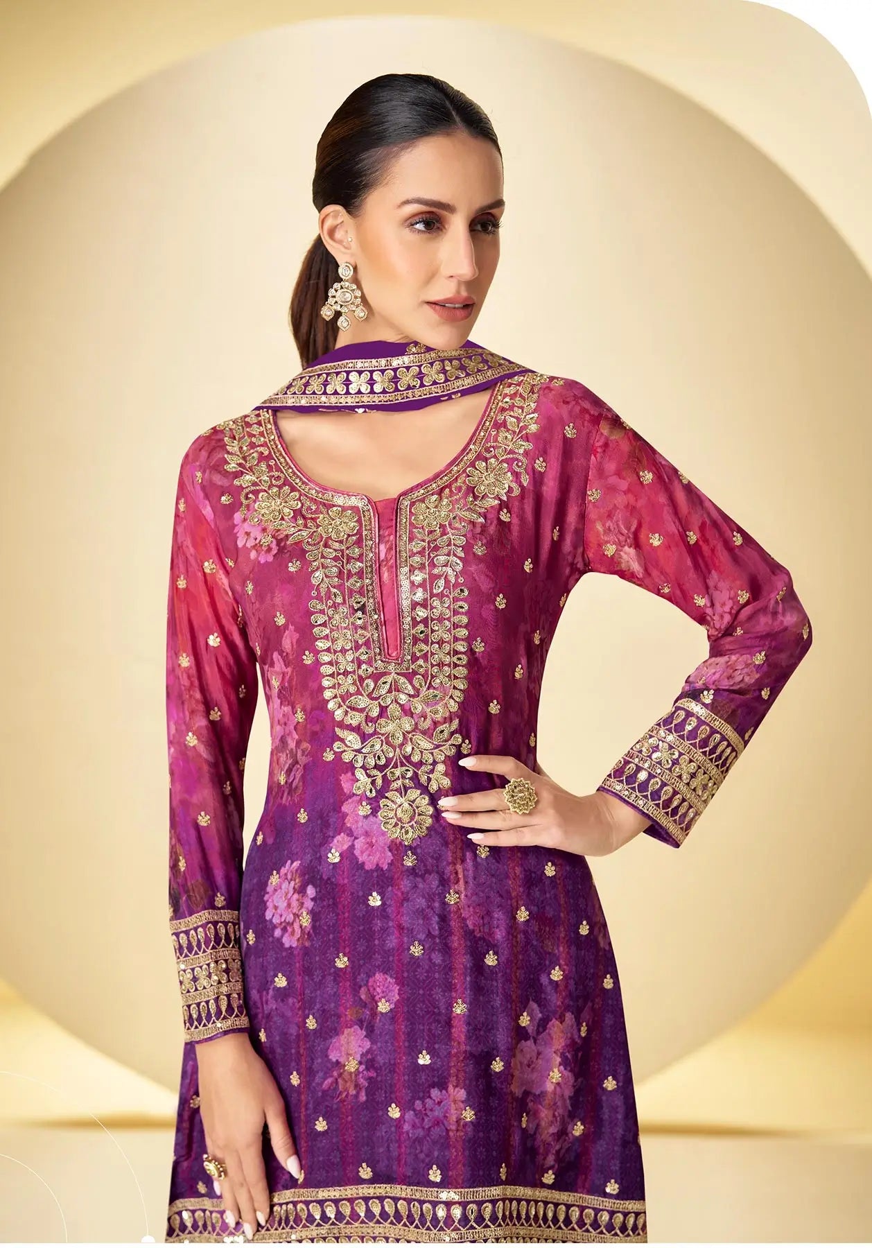 Purple Chinon Silk Palazzo Set With Print, Embroidery & Hand Work - qivii