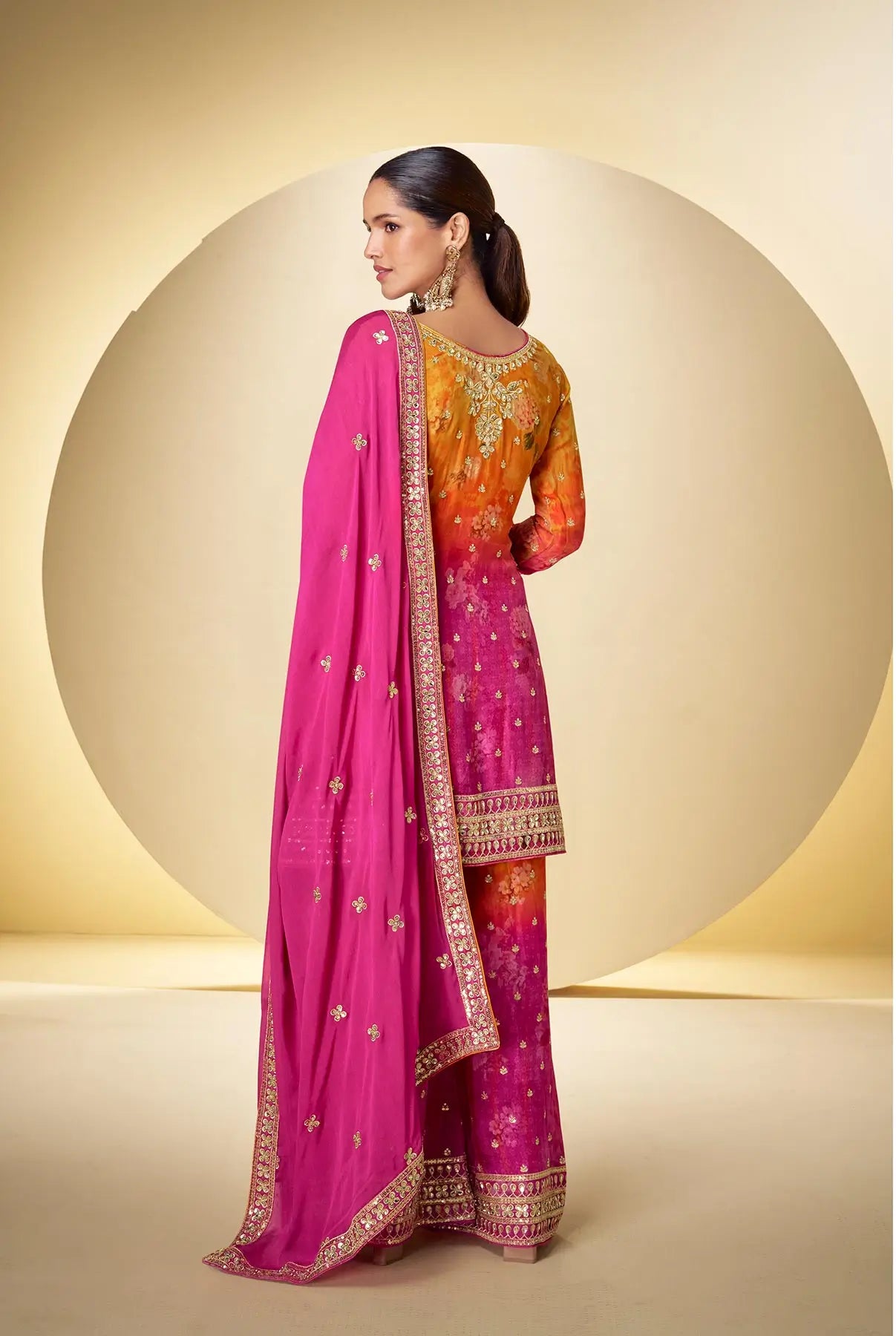 Hot Pink Chinon Silk Palazzo Set With Print, Embroidery & Hand Work - qivii