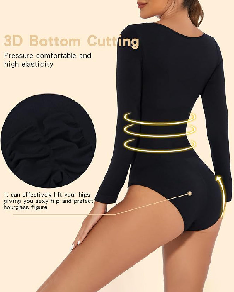 Seamless Crew Neck Long Sleeve Corset Bodysuit Tops Stretch Triangle Jumpsuit - By Qivii