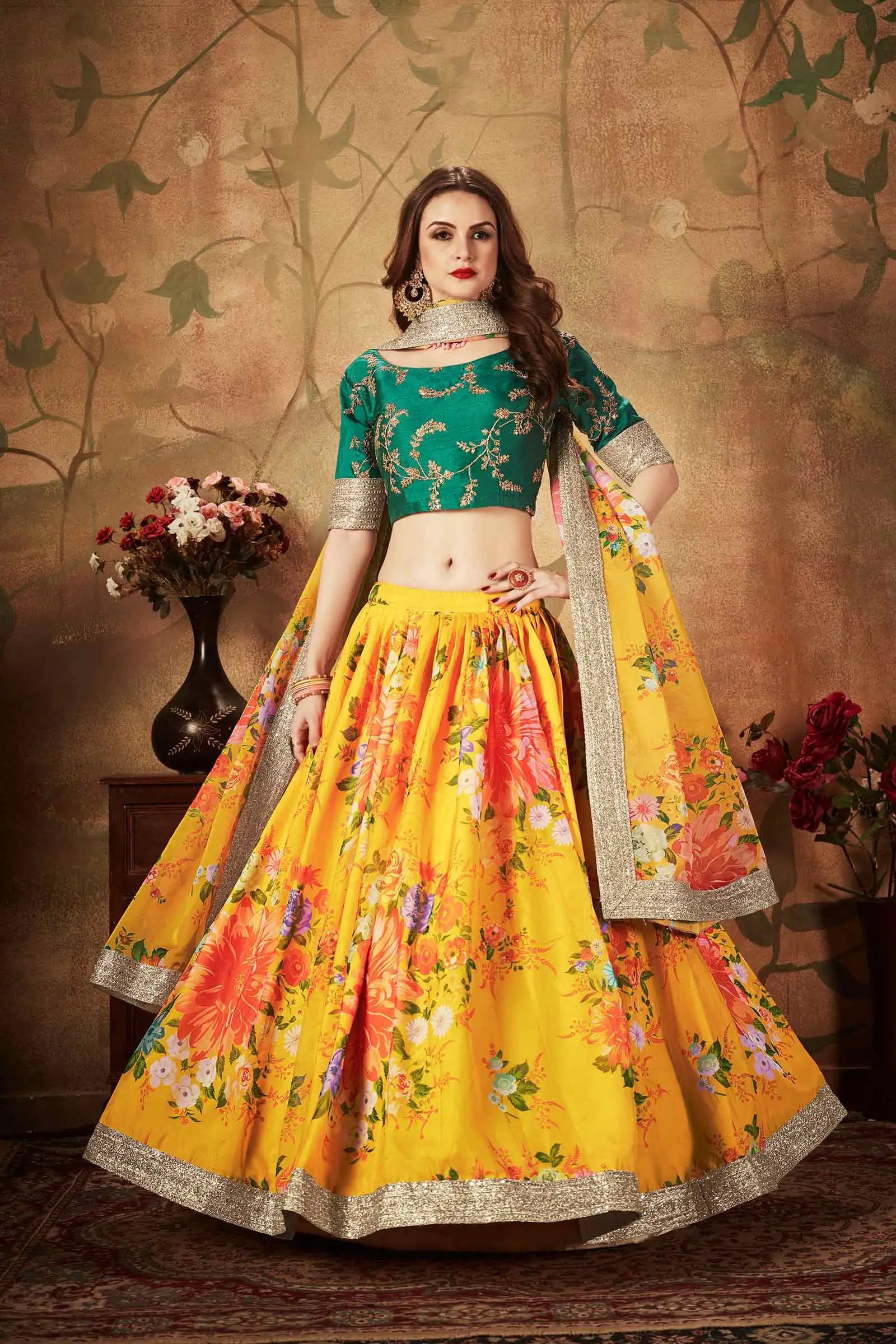 Yellow And Green Floral Print Organza Lehenga With Sequins Work | Ready To Wear - qivii