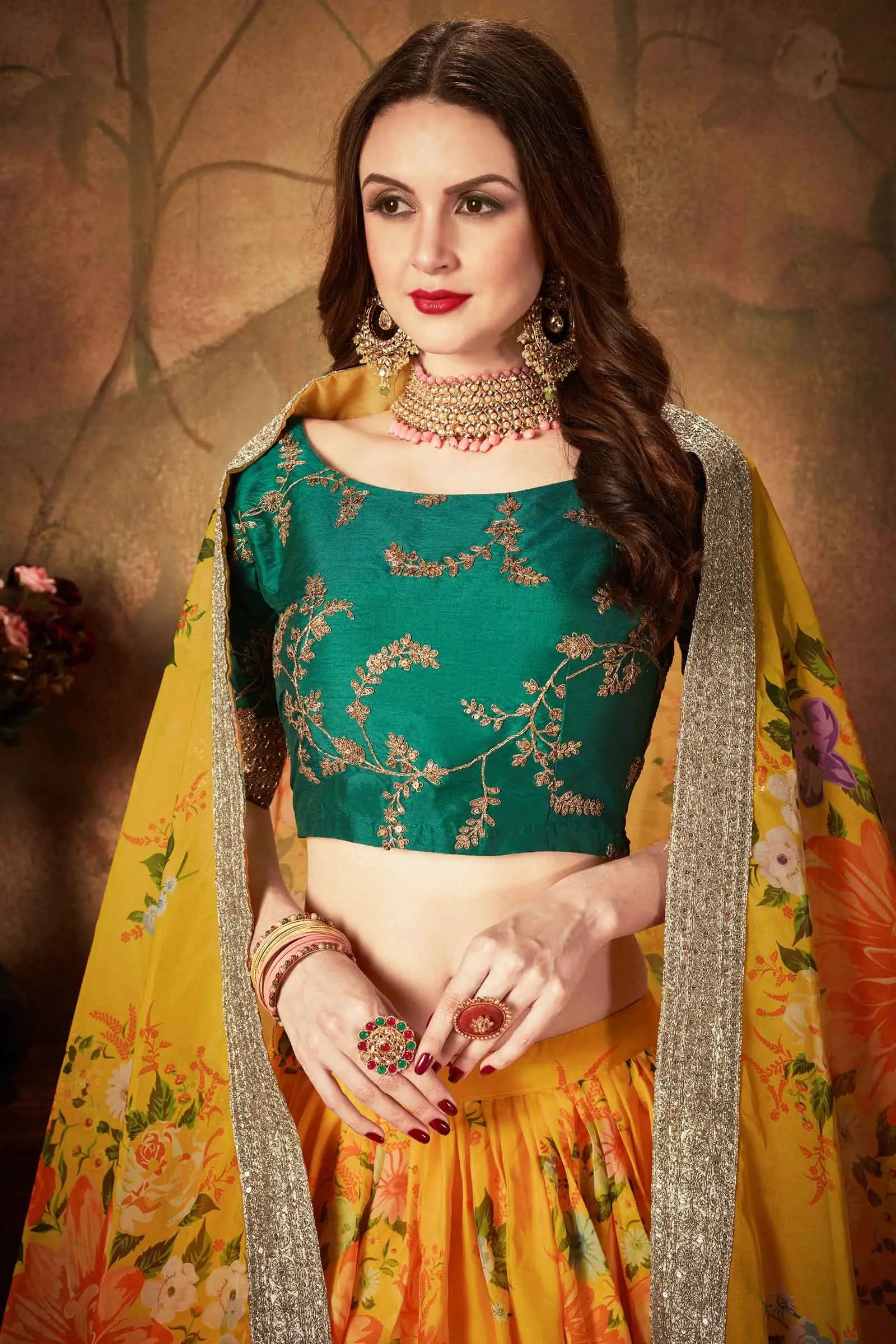 Yellow And Green Floral Print Organza Lehenga With Sequins Work | Ready To Wear - qivii