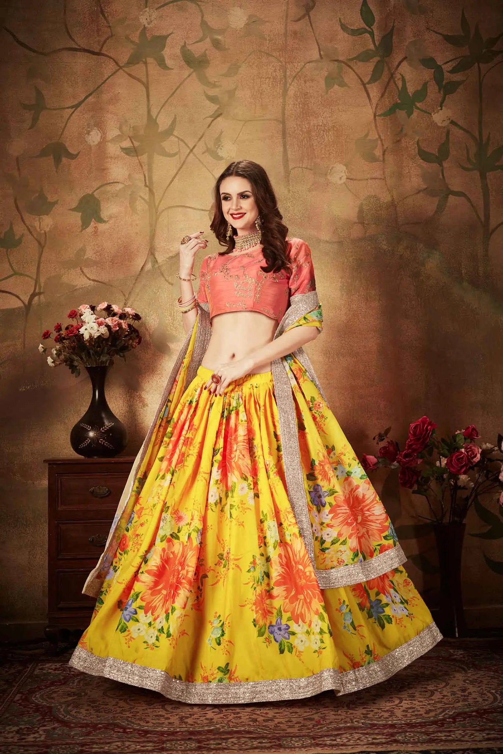 Yellow And Orange Floral Print Organza Lehenga With Sequins Work | Ready To Wear - qivii