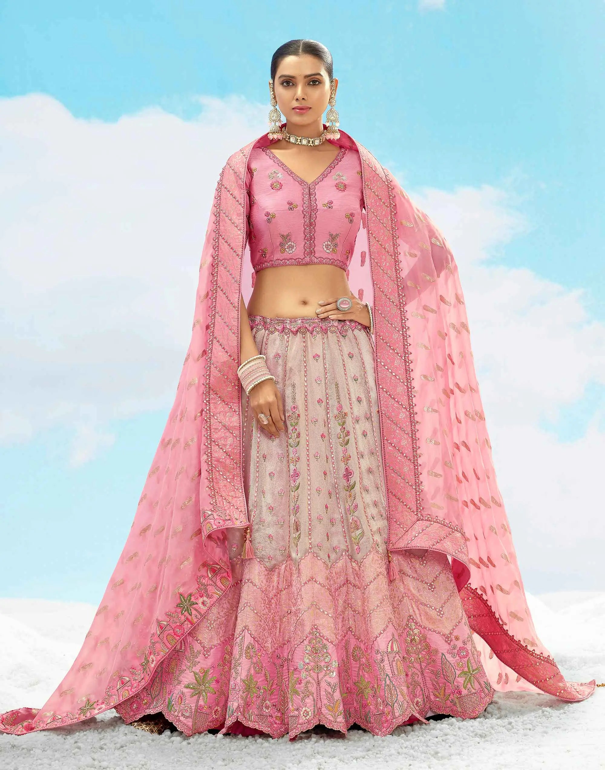 Sweet Pink Beautiful Sequins Floral Embroidery Work Lehenga For Bride - qivii