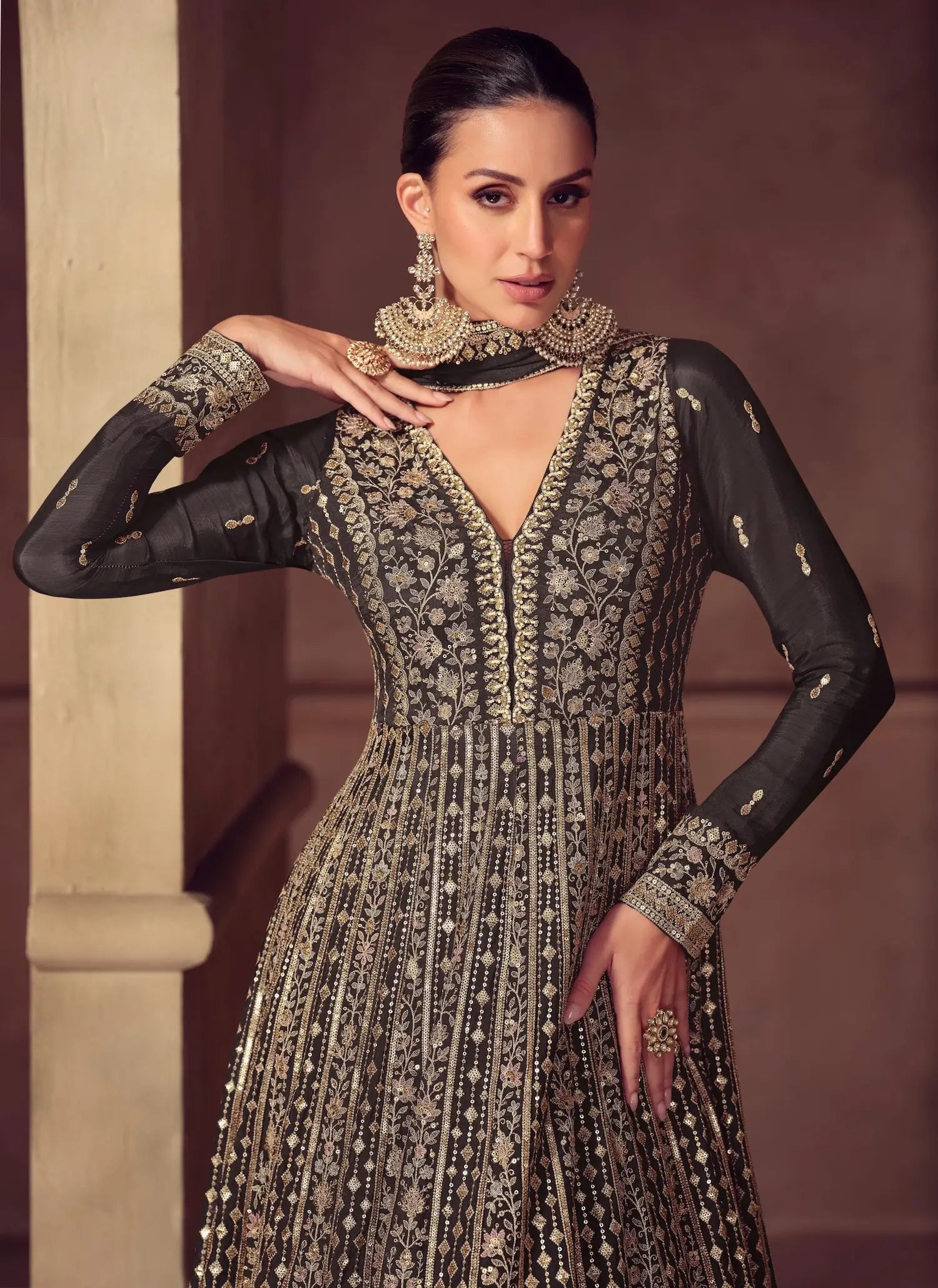 Charcoal Grey Chinon Silk Embroidery Gown - qivii