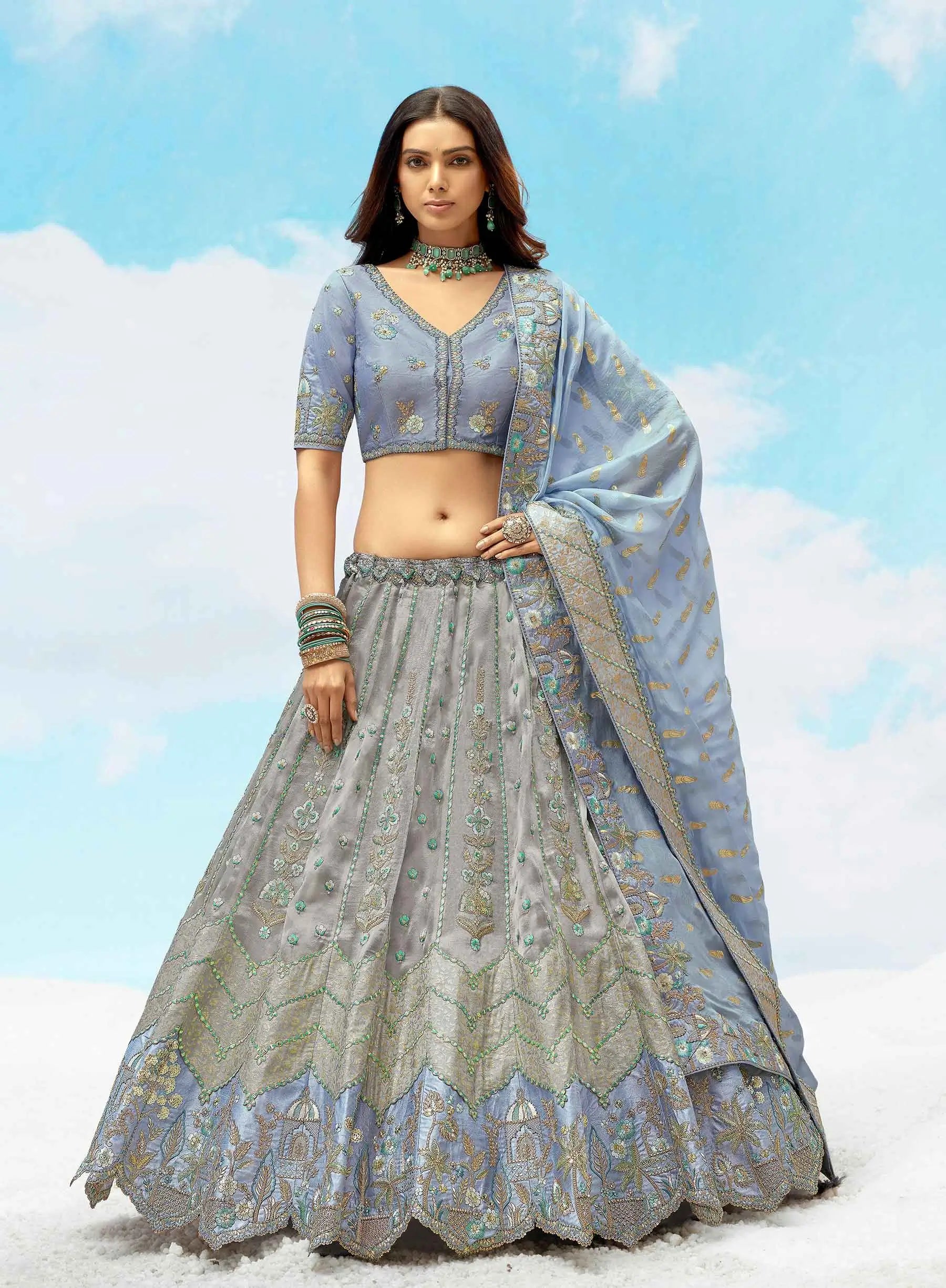 Designer Gray Blue Sequins Floral Embroidery Work Bridal Lehenga - qivii