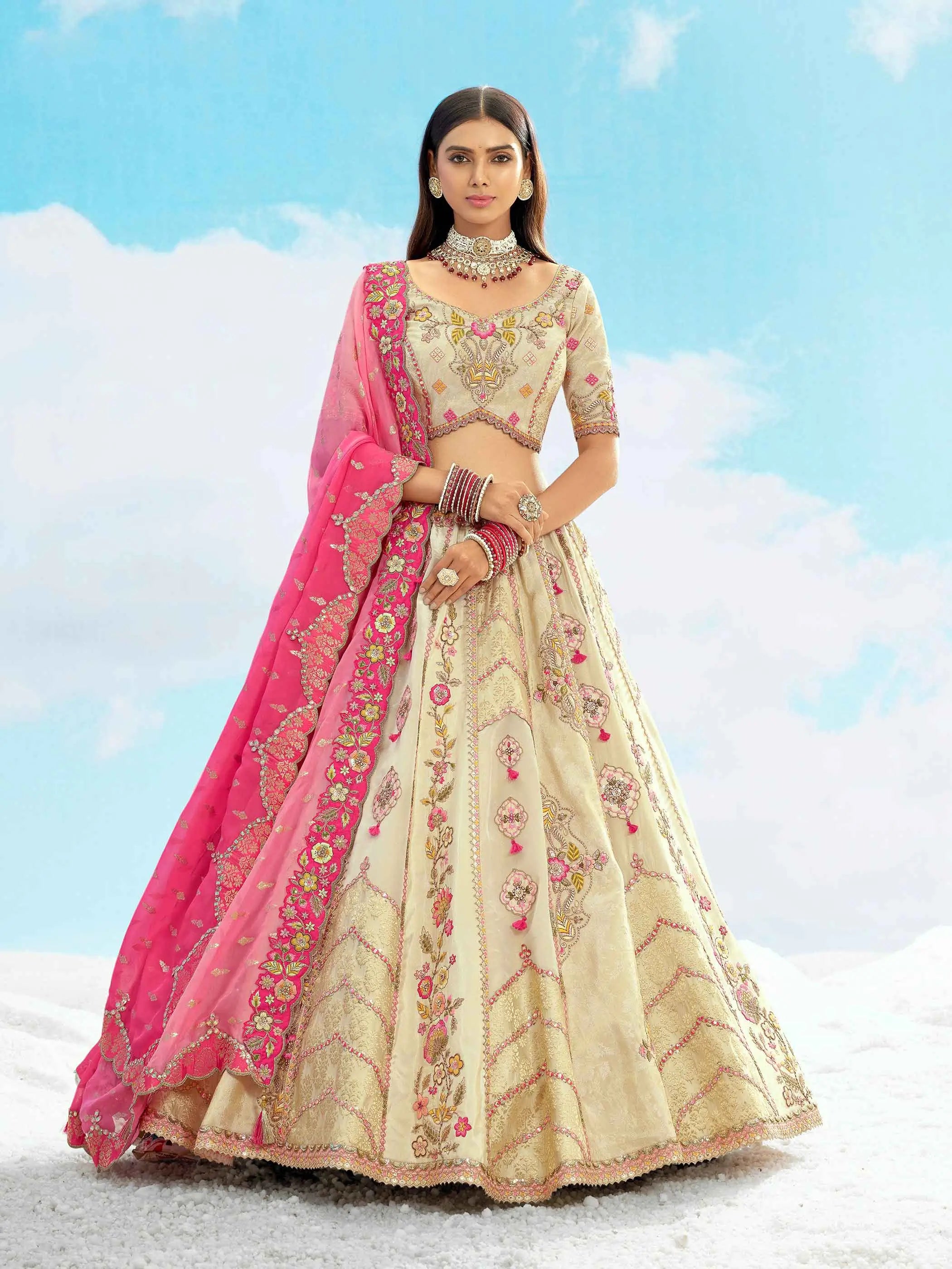Beige And Pink Designer Patch & Embroidery Work Bridal Lehenga - qivii