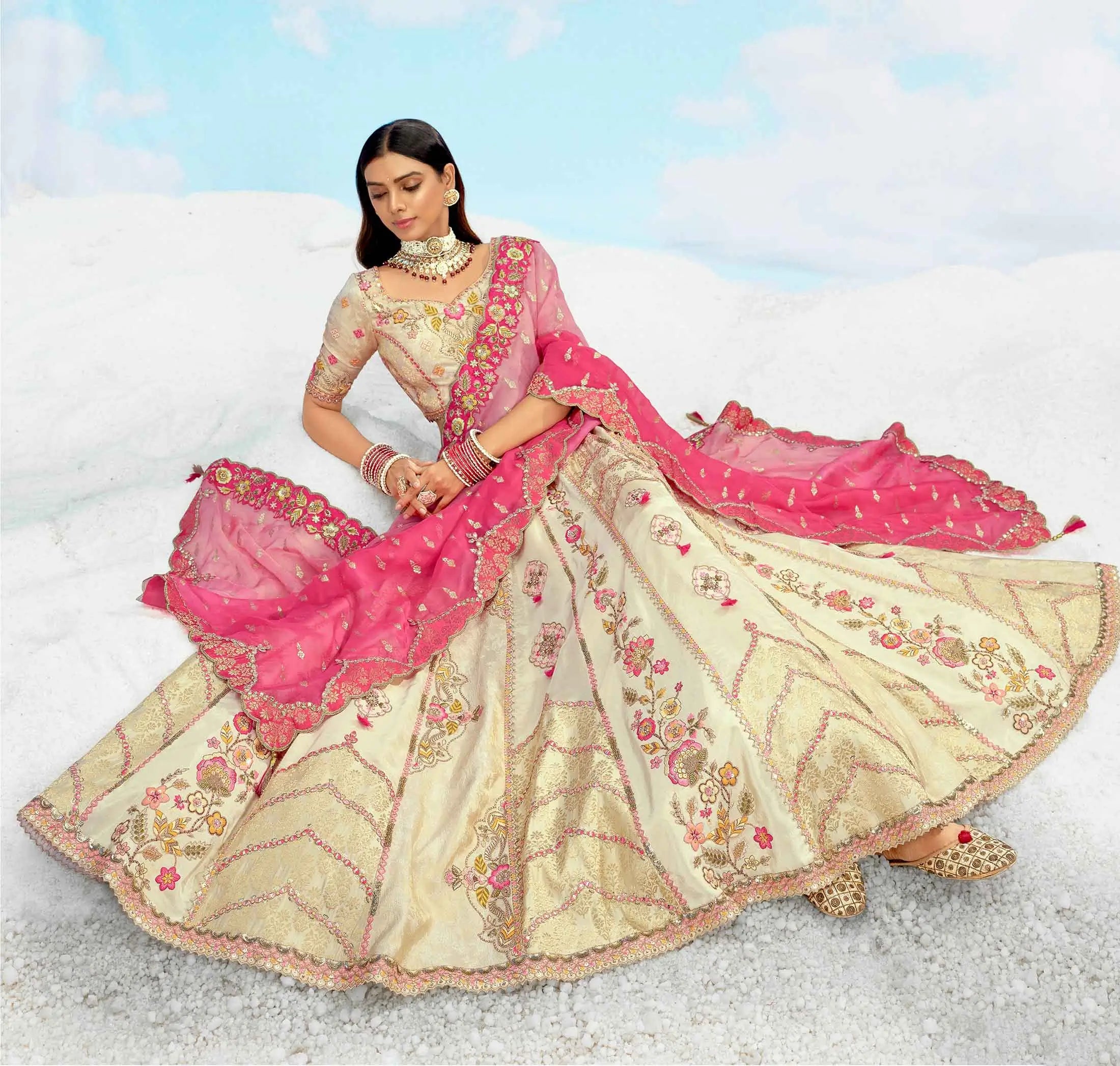 Beige And Pink Designer Patch & Embroidery Work Bridal Lehenga - qivii