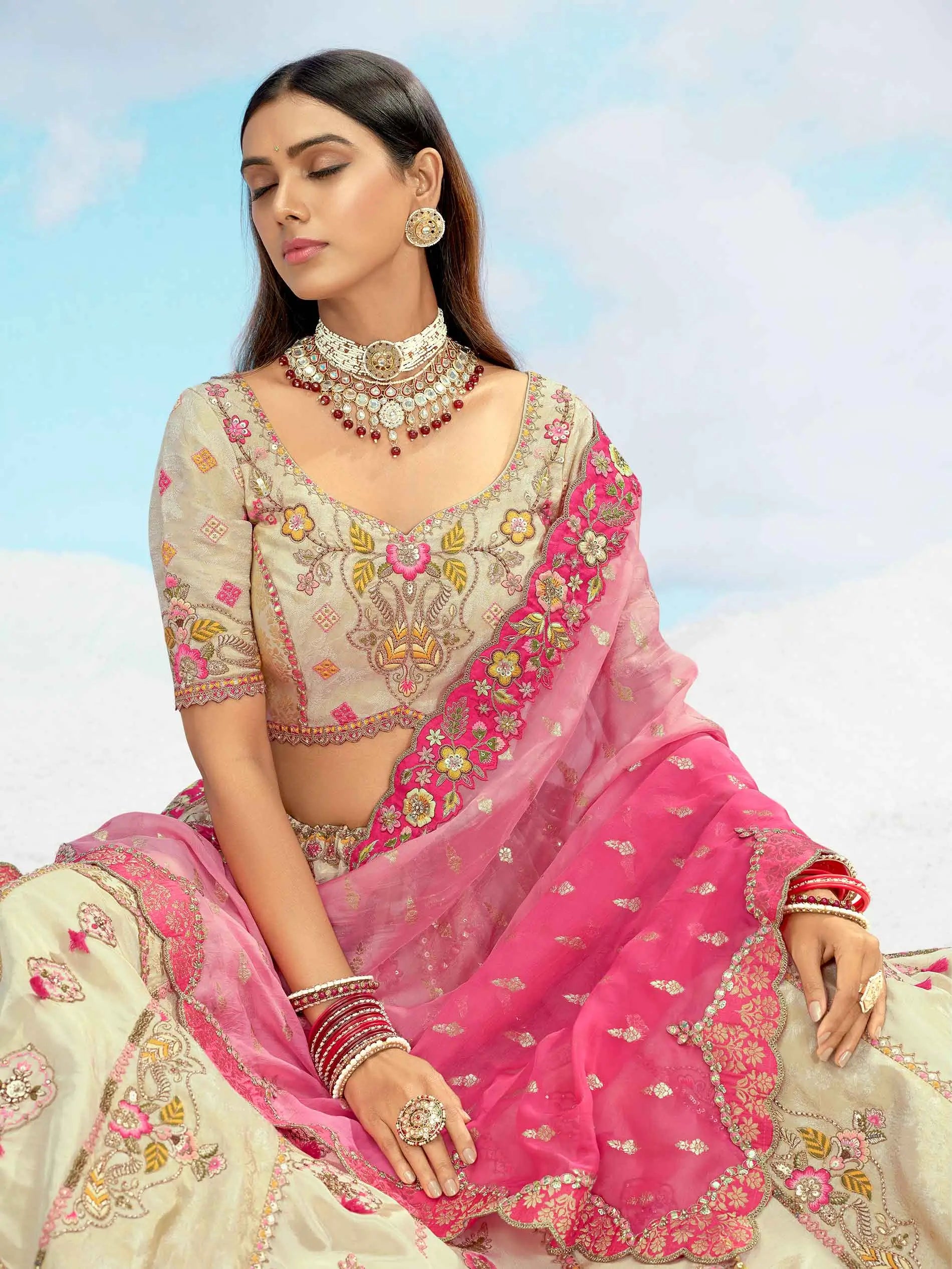 Beige And Pink Designer Patch & Embroidery Work Bridal Lehenga - qivii