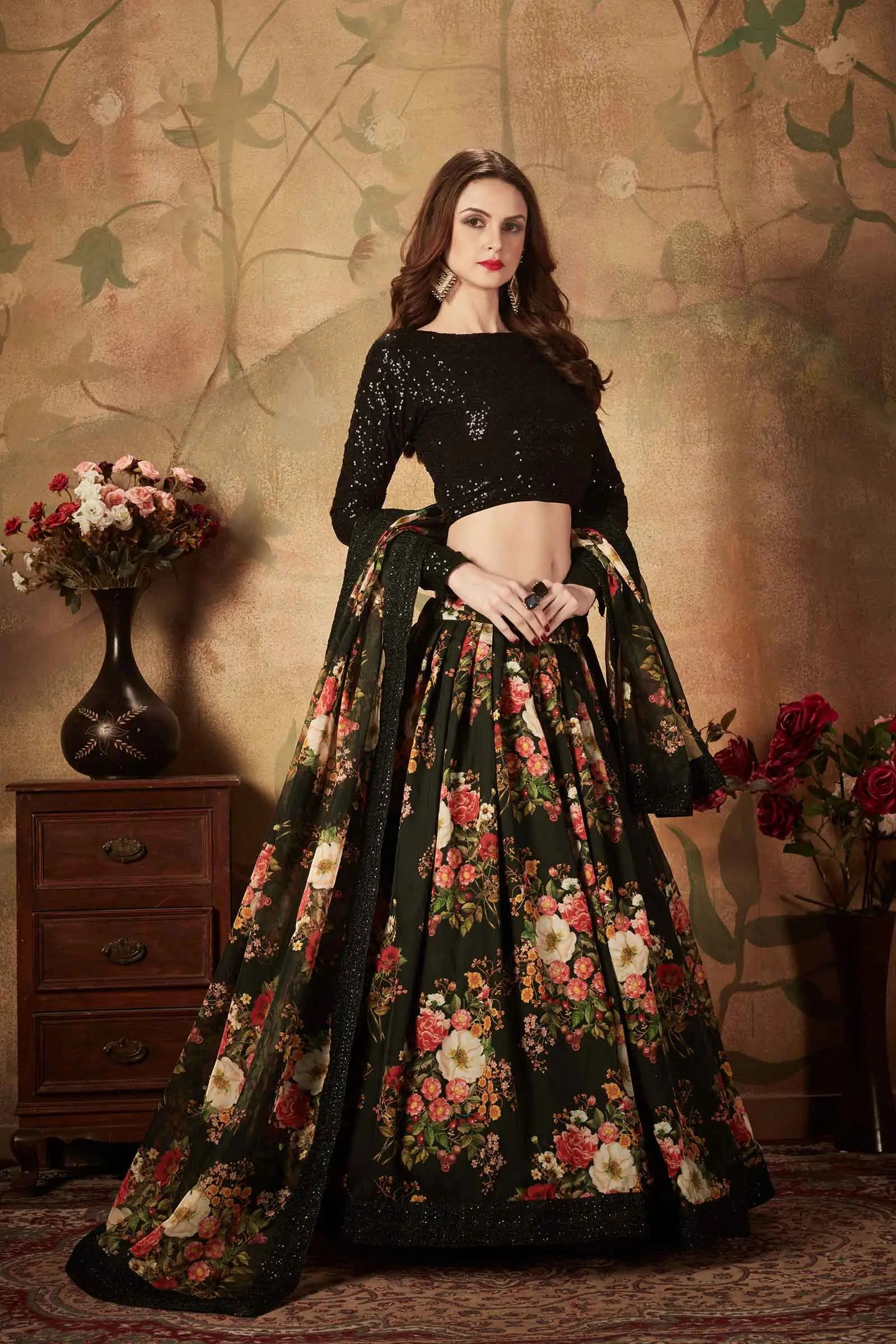 Black Organza Lehenga With Multi Color Floral Print With Sequins Work
