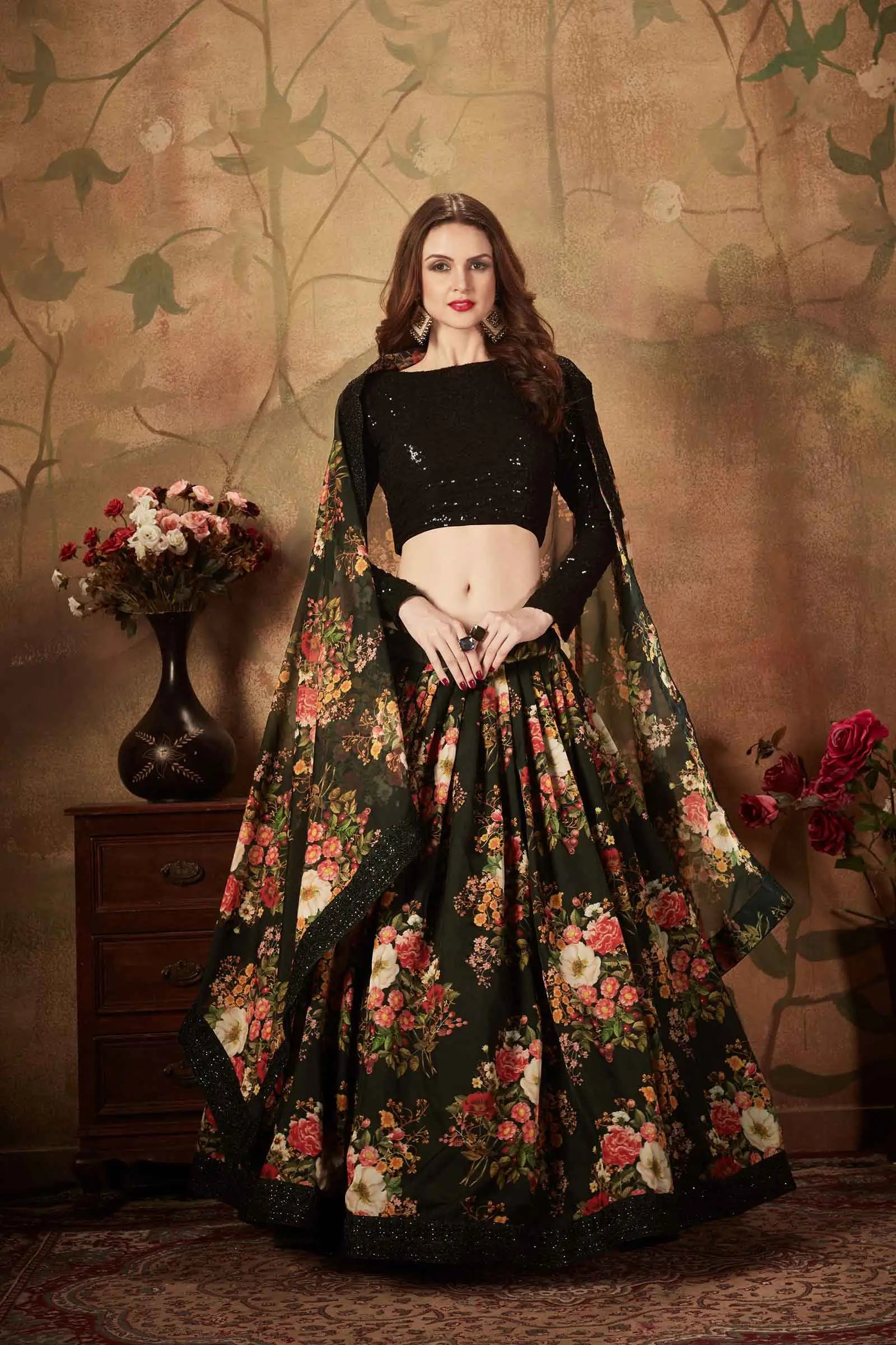 Black Organza Lehenga With Multi Color Floral Print With Sequins Work
