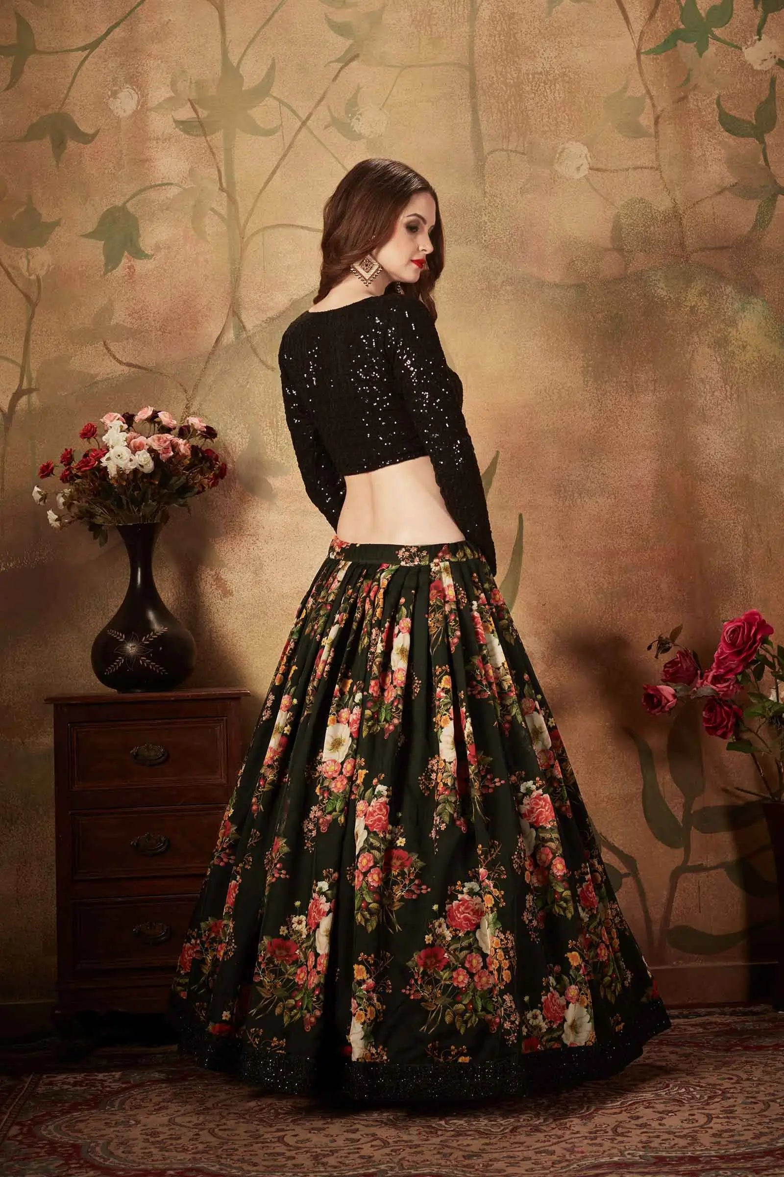 Black Organza Lehenga With Multi Color Floral Print With Sequins Work
