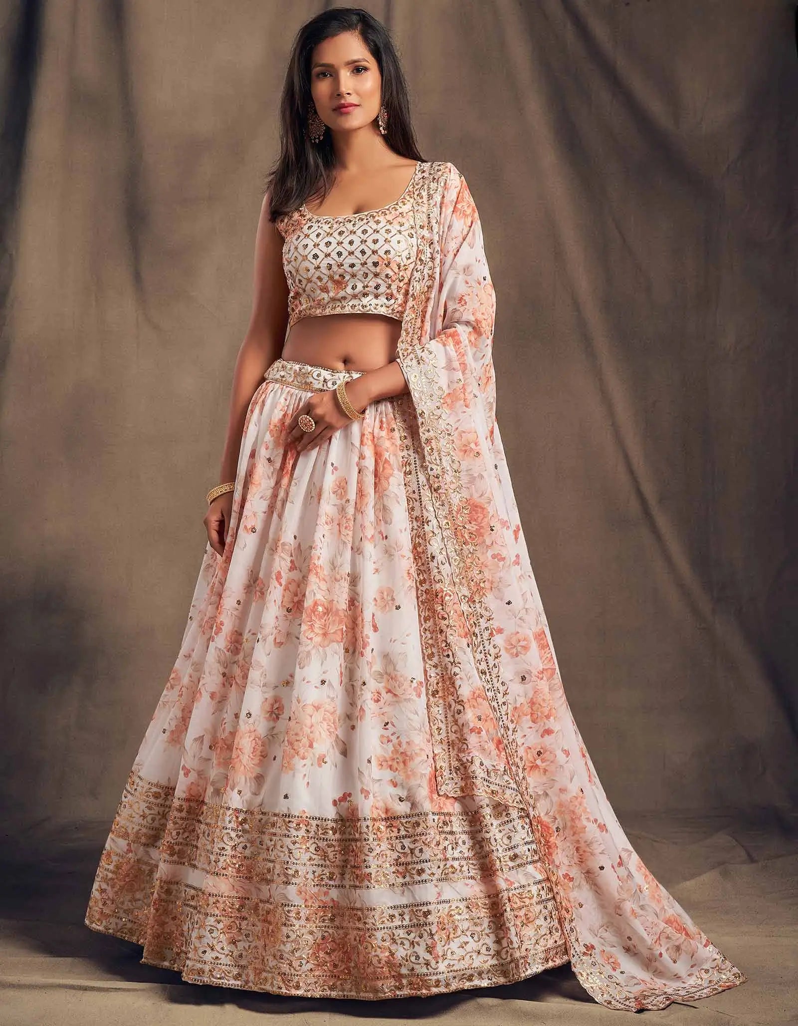 White Floral Print Organza Lehenga With Sequins Work | Ready To Wear - qivii