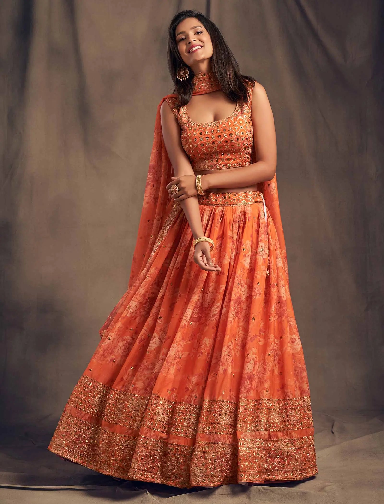 Orange Floral Print Organza Lehenga With Sequins Work | Ready To Wear - qivii