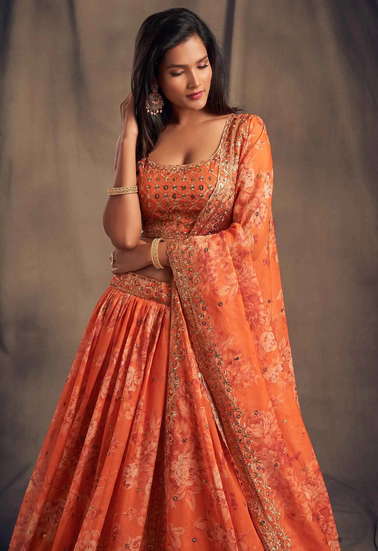 Orange Floral Print Organza Lehenga With Sequins Work | Ready To Wear - qivii