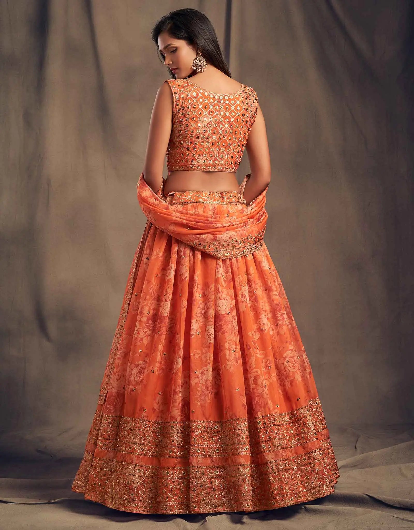 Orange Floral Print Organza Lehenga With Sequins Work | Ready To Wear - qivii