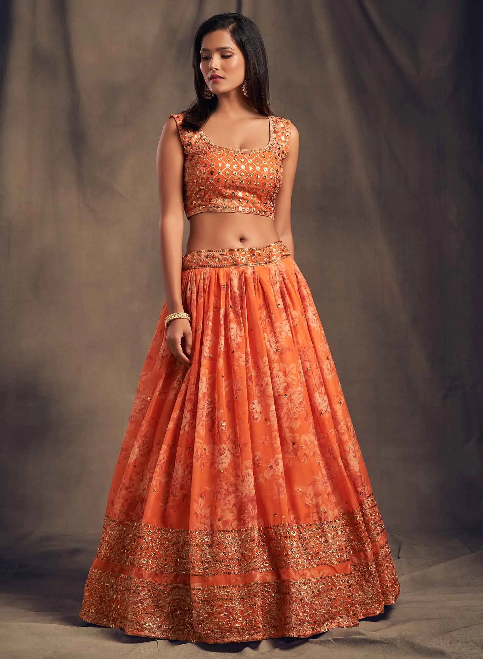 Orange Floral Print Organza Lehenga With Sequins Work | Ready To Wear - qivii