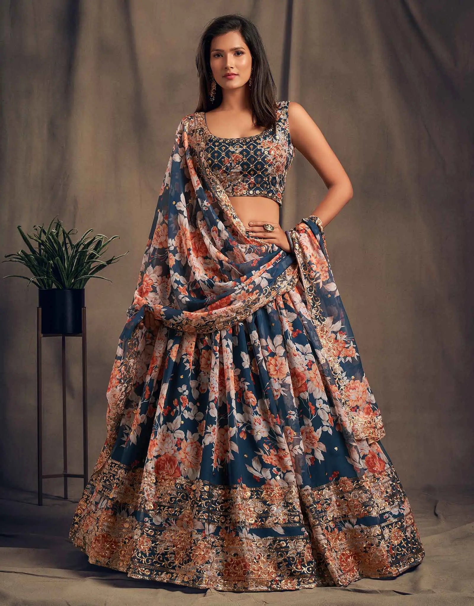 Teal Blue Floral Print Organza Lehenga With Sequins Work | Ready To Wear - qivii