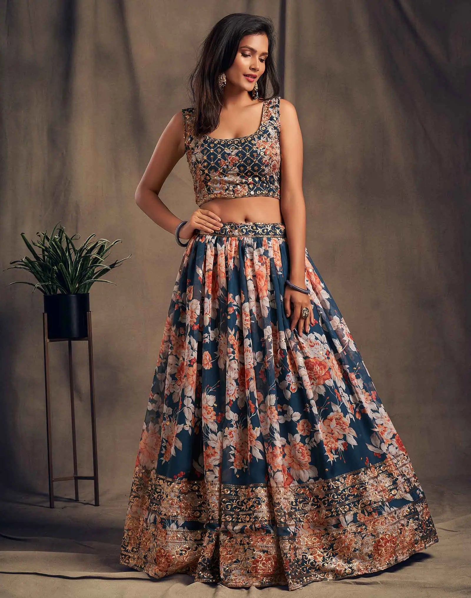 Teal Blue Floral Print Organza Lehenga With Sequins Work | Ready To Wear - qivii