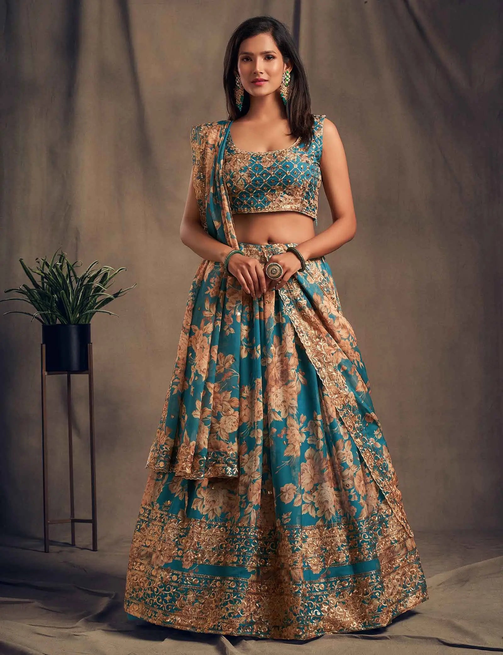 Dove Blue Floral Print Organza Lehenga With Sequins Work - qivii
