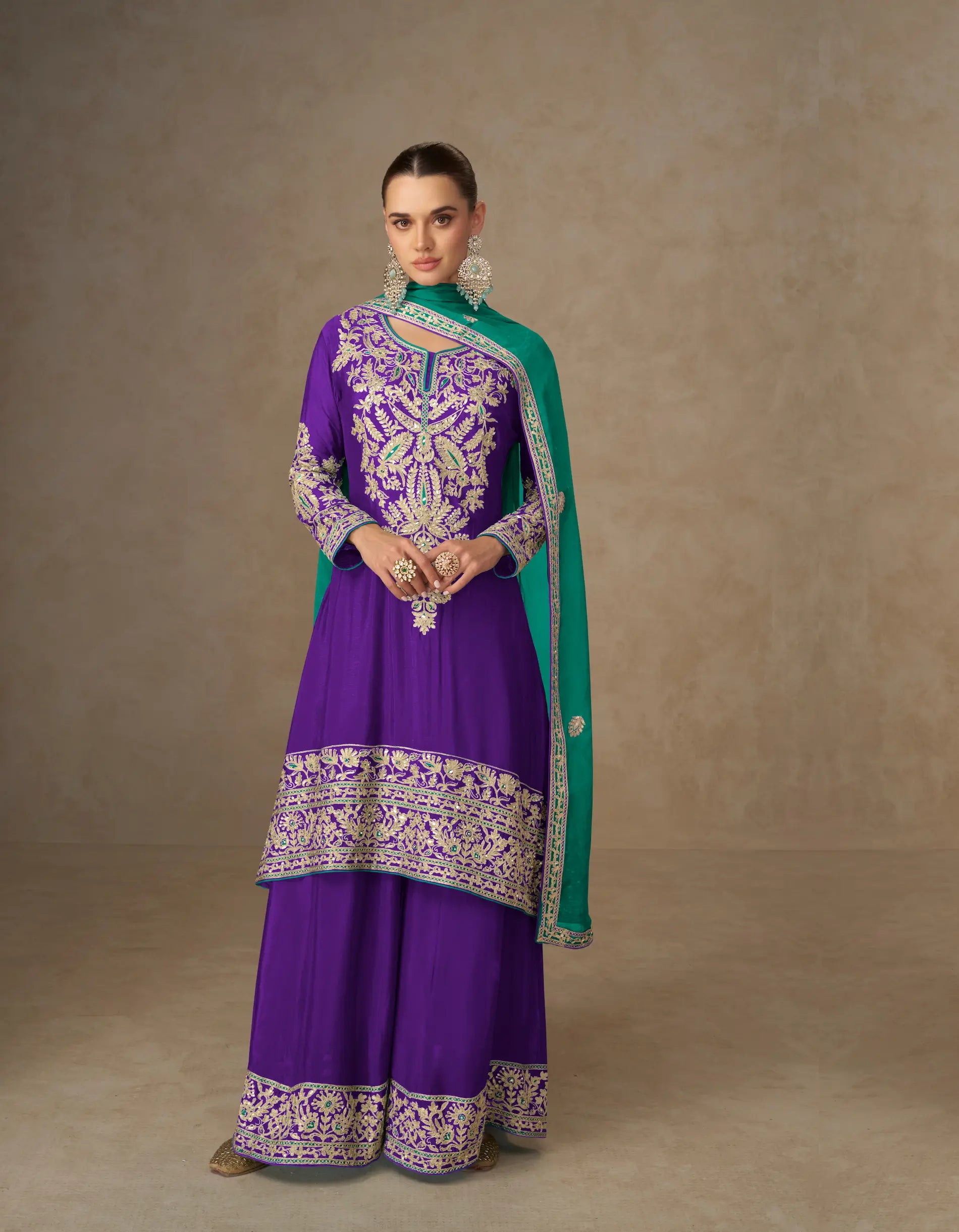 Iris Purple Chinon Silk Embroidery Palazzo Suit - qivii