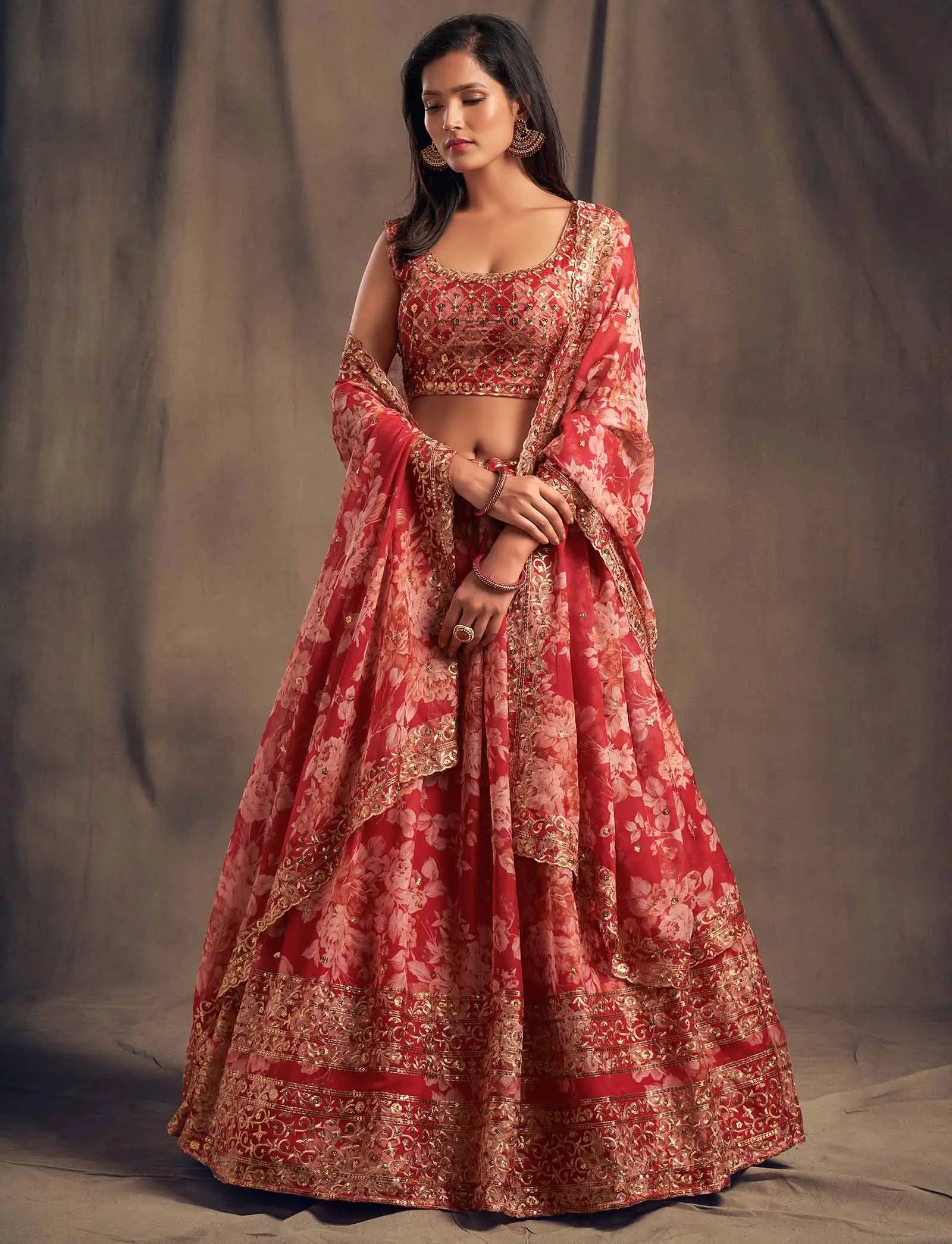 Red Floral Print Organza Lehenga With Sequins Work | Ready To Wear - qivii