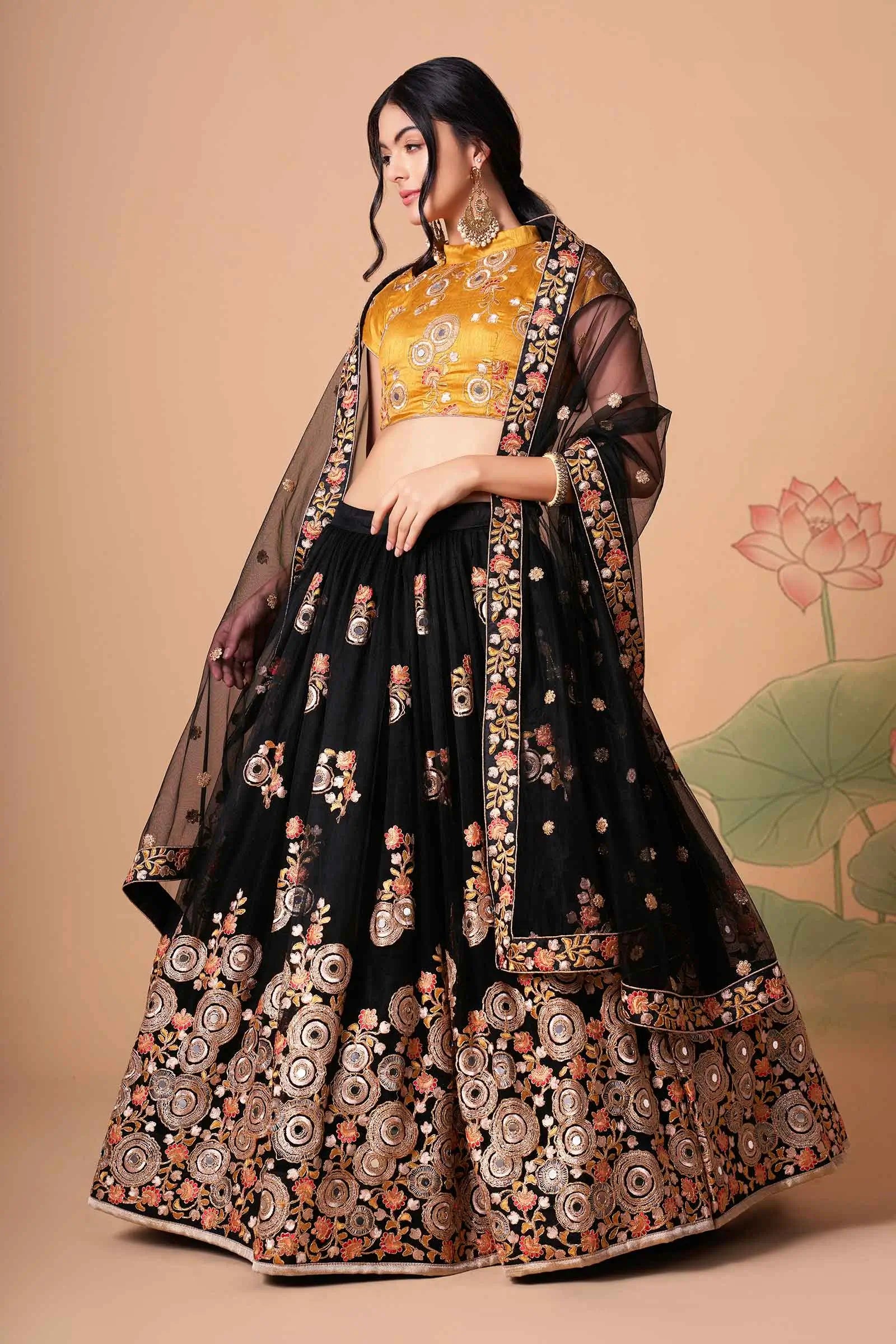 Black Soft Net Lehenga With Thread Zari Dori And Sequins Embroidery With Mirror Work | Ready To Wear - qivii