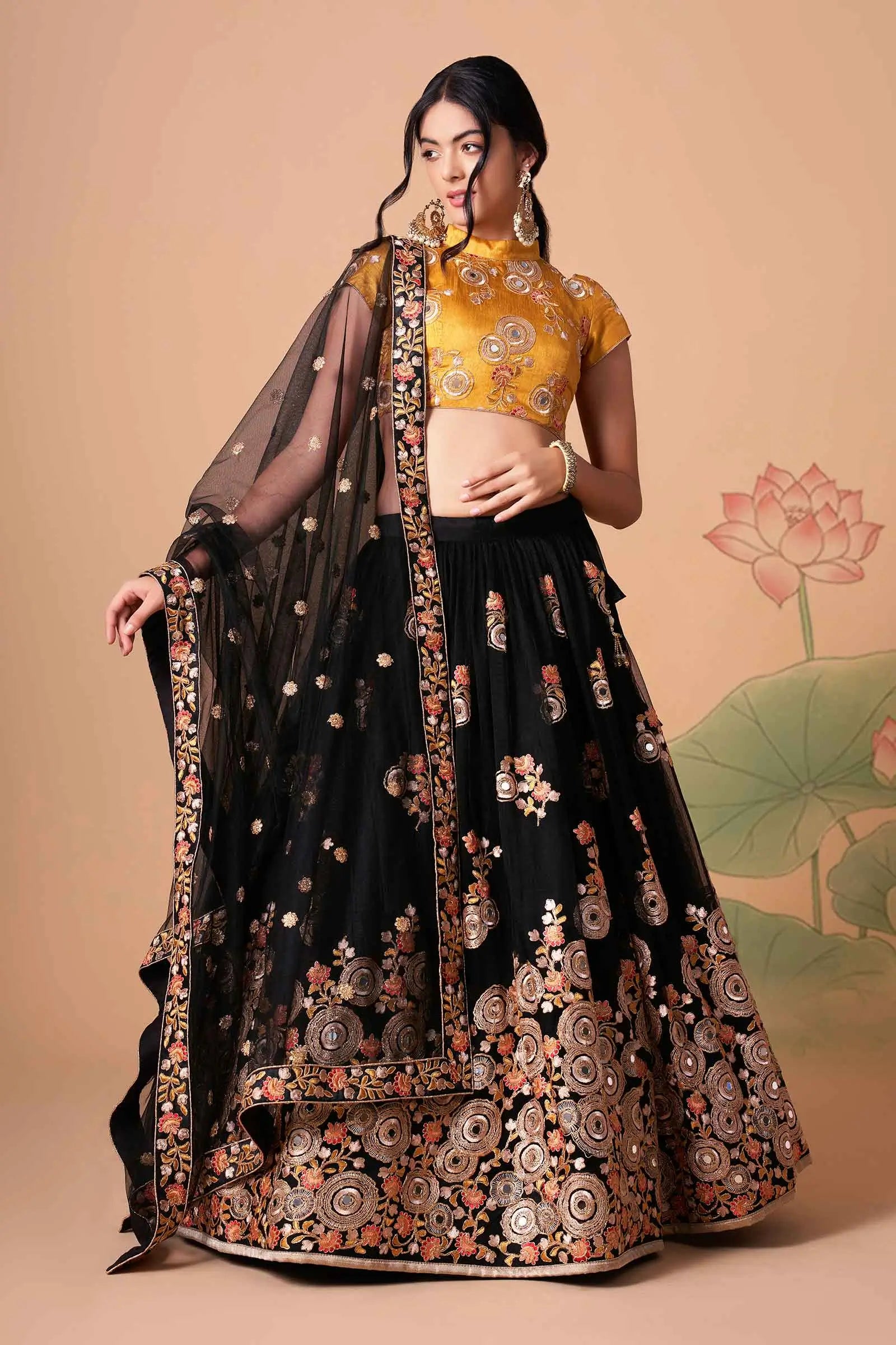 Black Soft Net Lehenga With Thread Zari Dori And Sequins Embroidery With Mirror Work | Ready To Wear - qivii