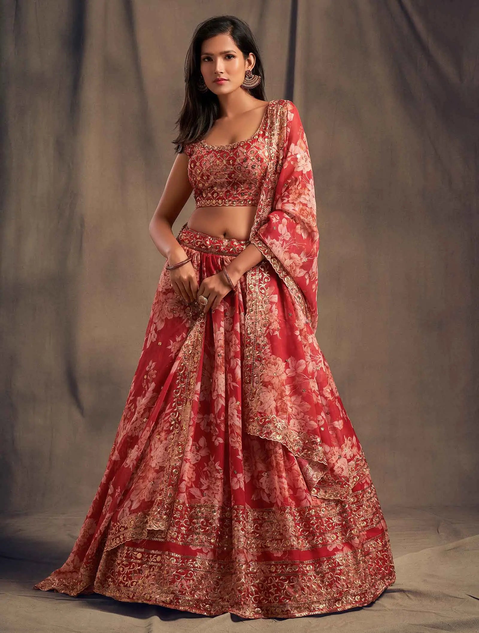 Red Floral Print Organza Lehenga With Sequins Work | Ready To Wear - qivii