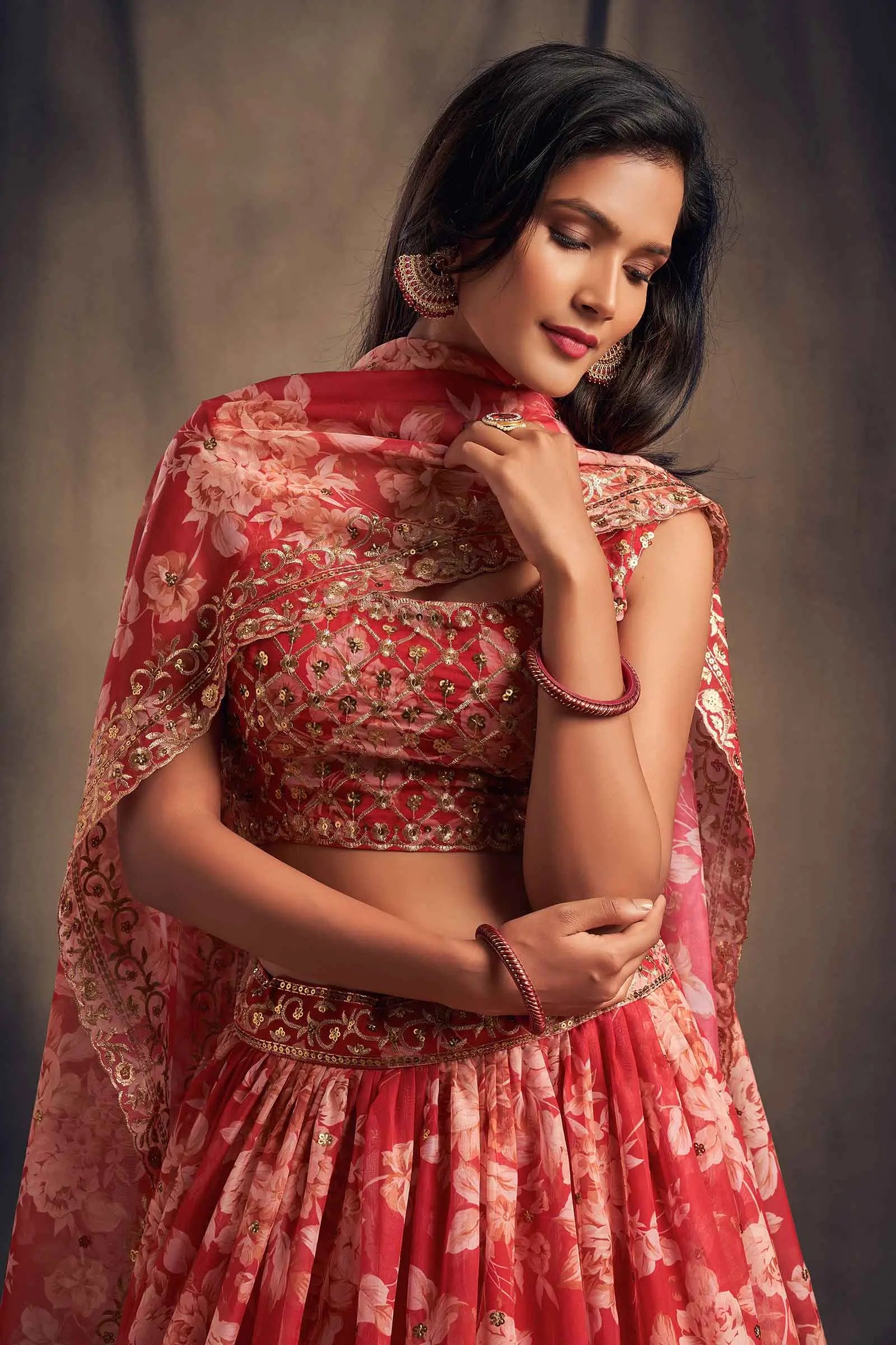 Red Floral Print Organza Lehenga With Sequins Work | Ready To Wear - qivii