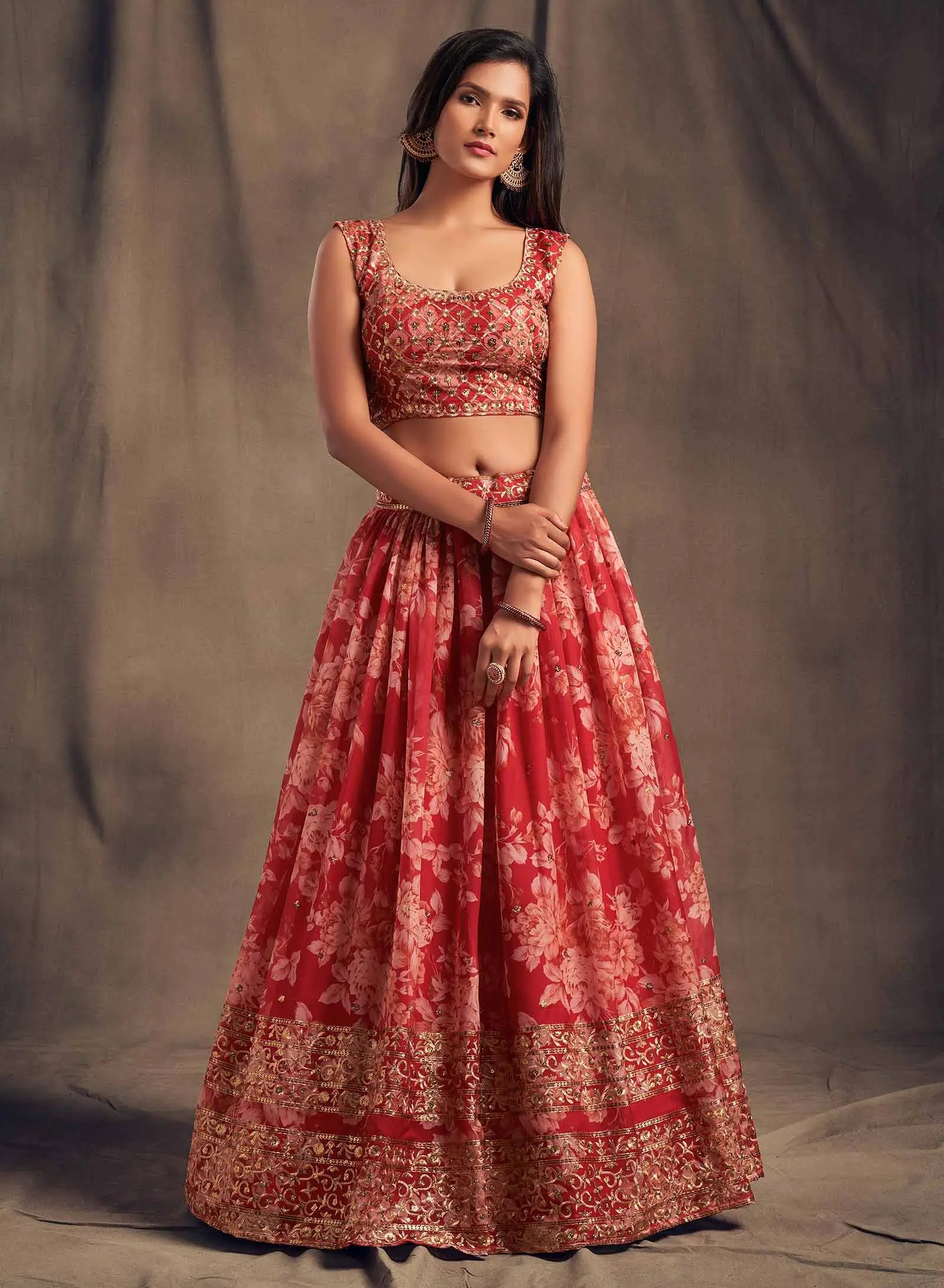 Red Floral Print Organza Lehenga With Sequins Work | Ready To Wear - qivii
