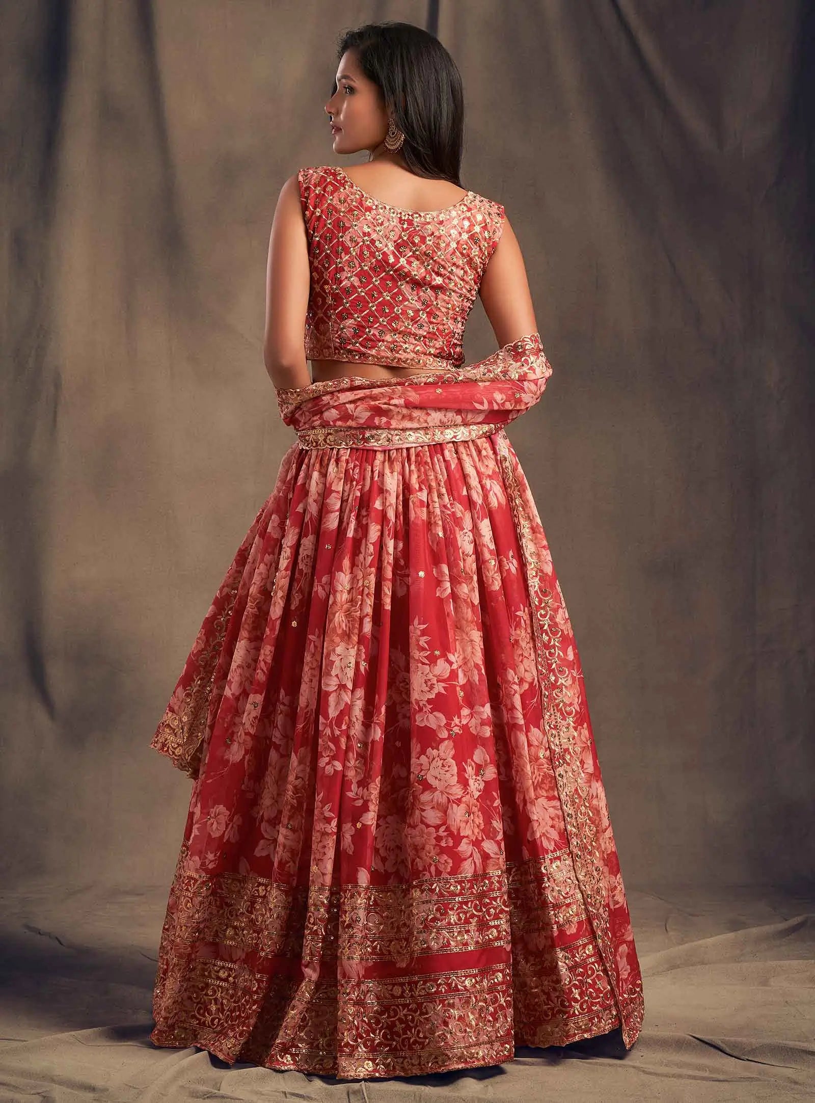 Red Floral Print Organza Lehenga With Sequins Work | Ready To Wear - qivii