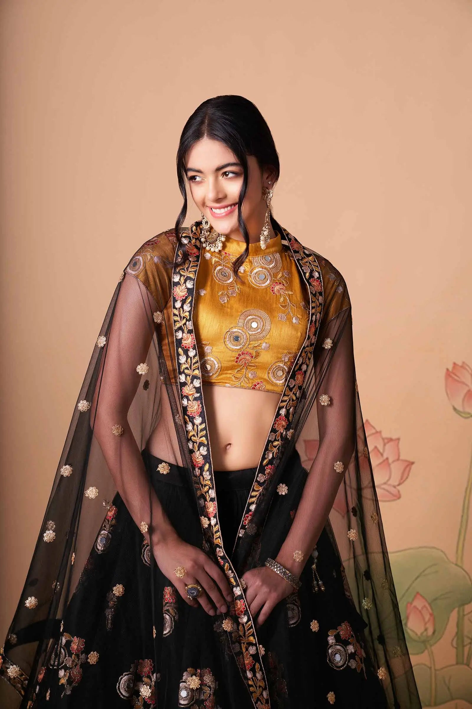 Black Soft Net Lehenga With Thread Zari Dori And Sequins Embroidery With Mirror Work | Ready To Wear - qivii