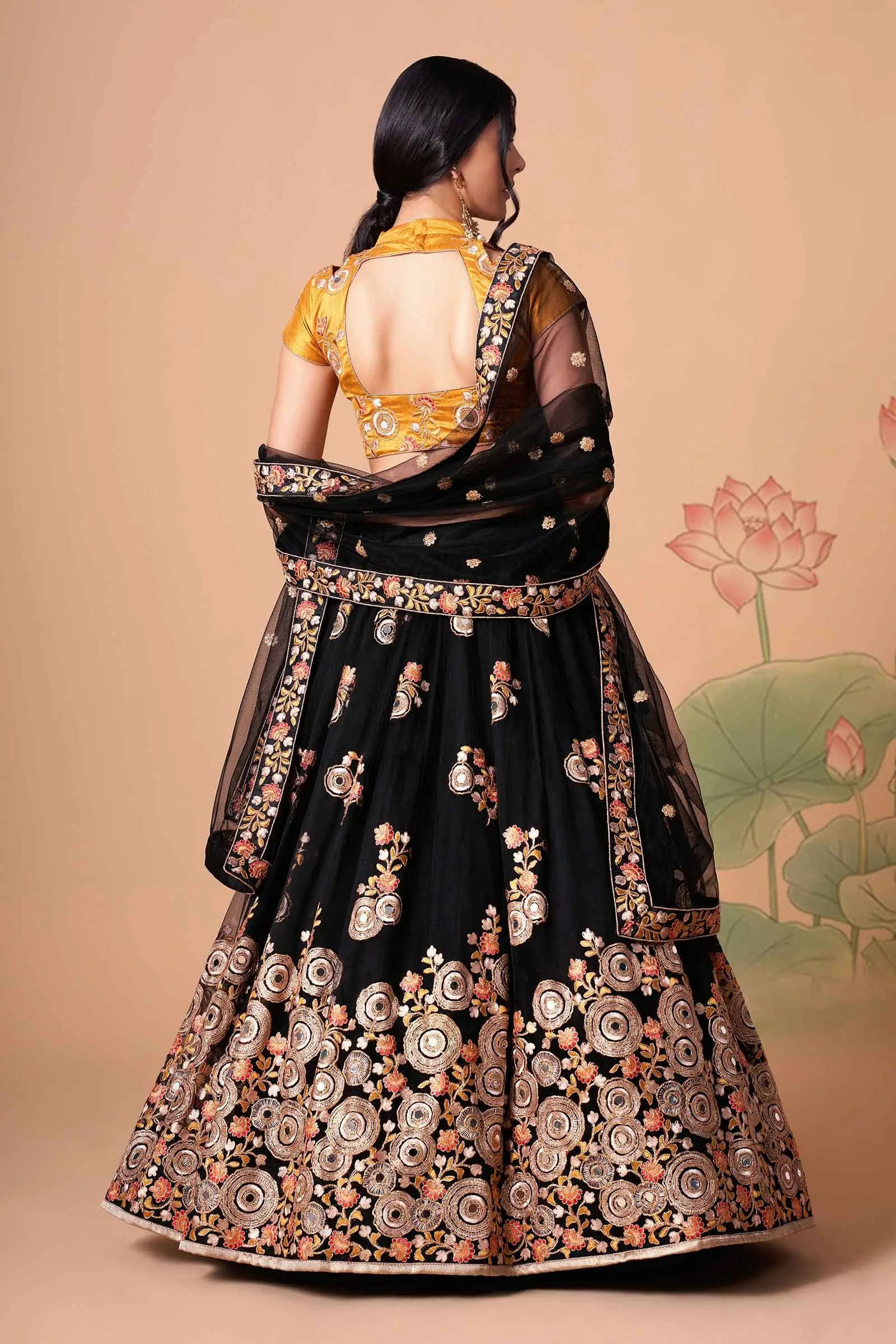 Black Soft Net Lehenga With Thread Zari Dori And Sequins Embroidery With Mirror Work | Ready To Wear - qivii