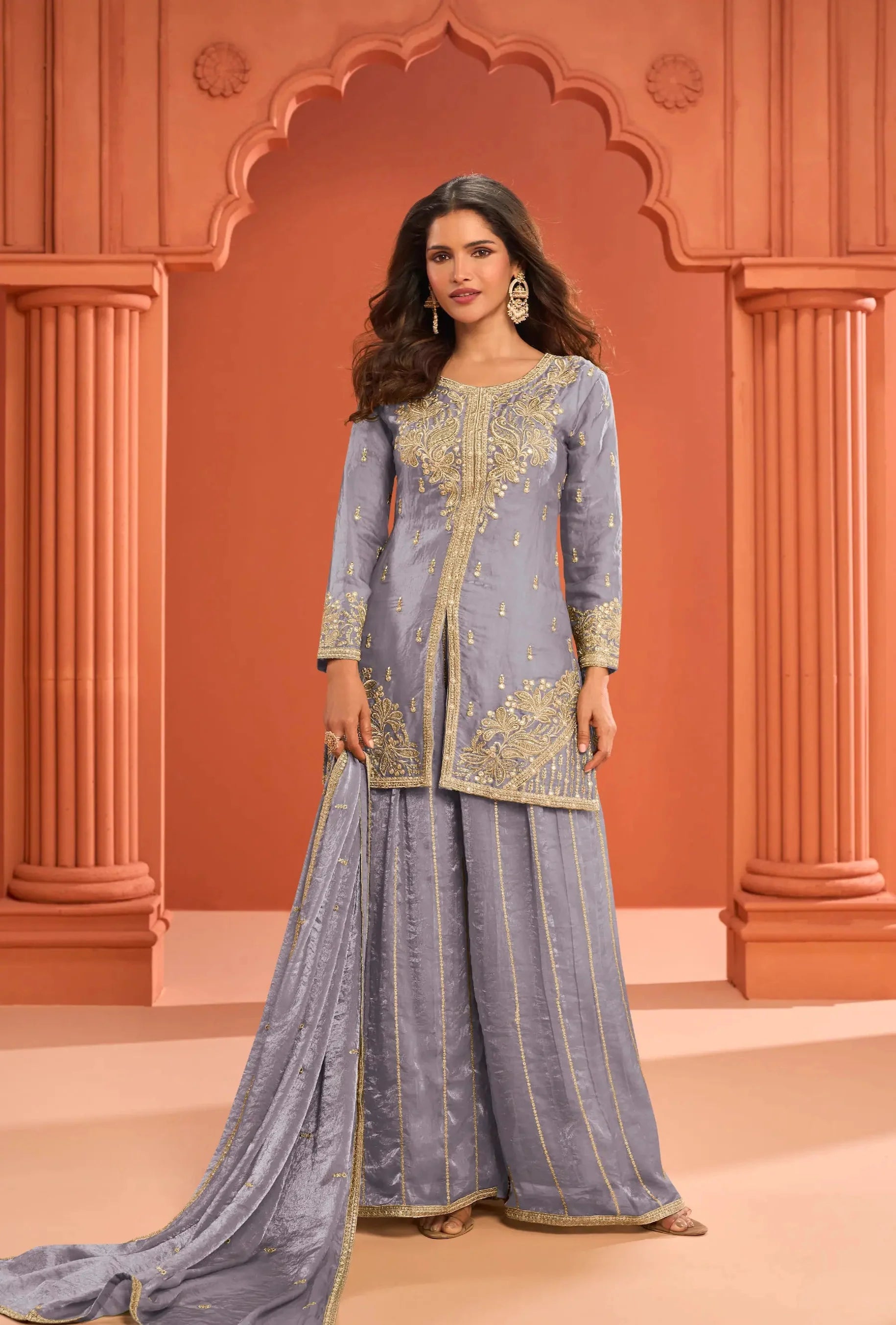 Warm Grey Fendi Silk Embroidery Salwar Suit