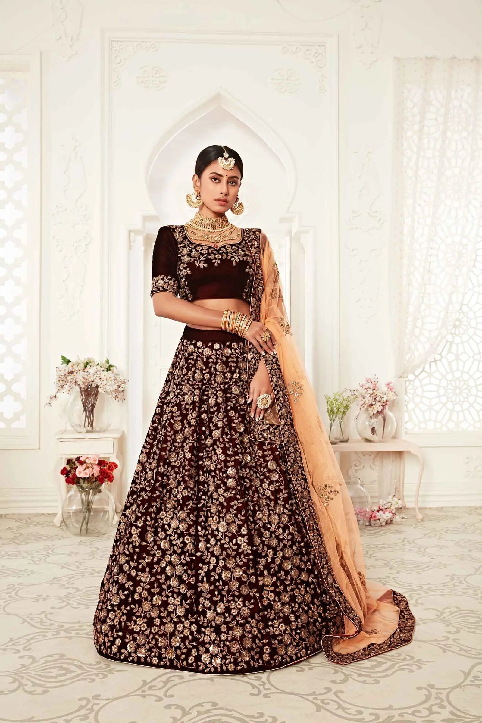Maroon Velvet Lehenga With Thread Zari And Sequins Embroidery Work | Ready To Wear - qivii